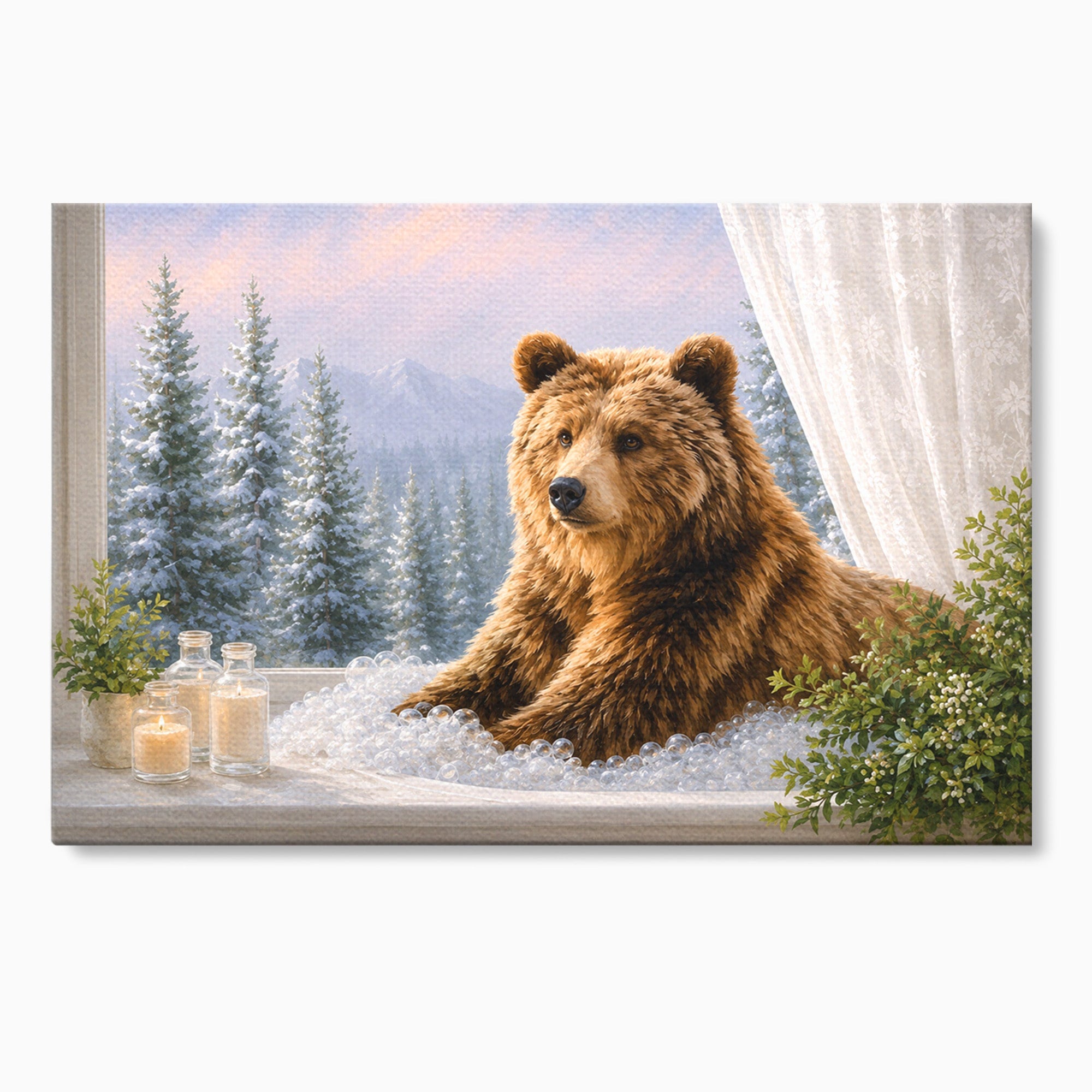 Tablou Canvas Premium LuxCanva® M1653, Ursul La Fereastra, Urs, Fereastra, Peisaj, Natura, Living, Culori Vibrante