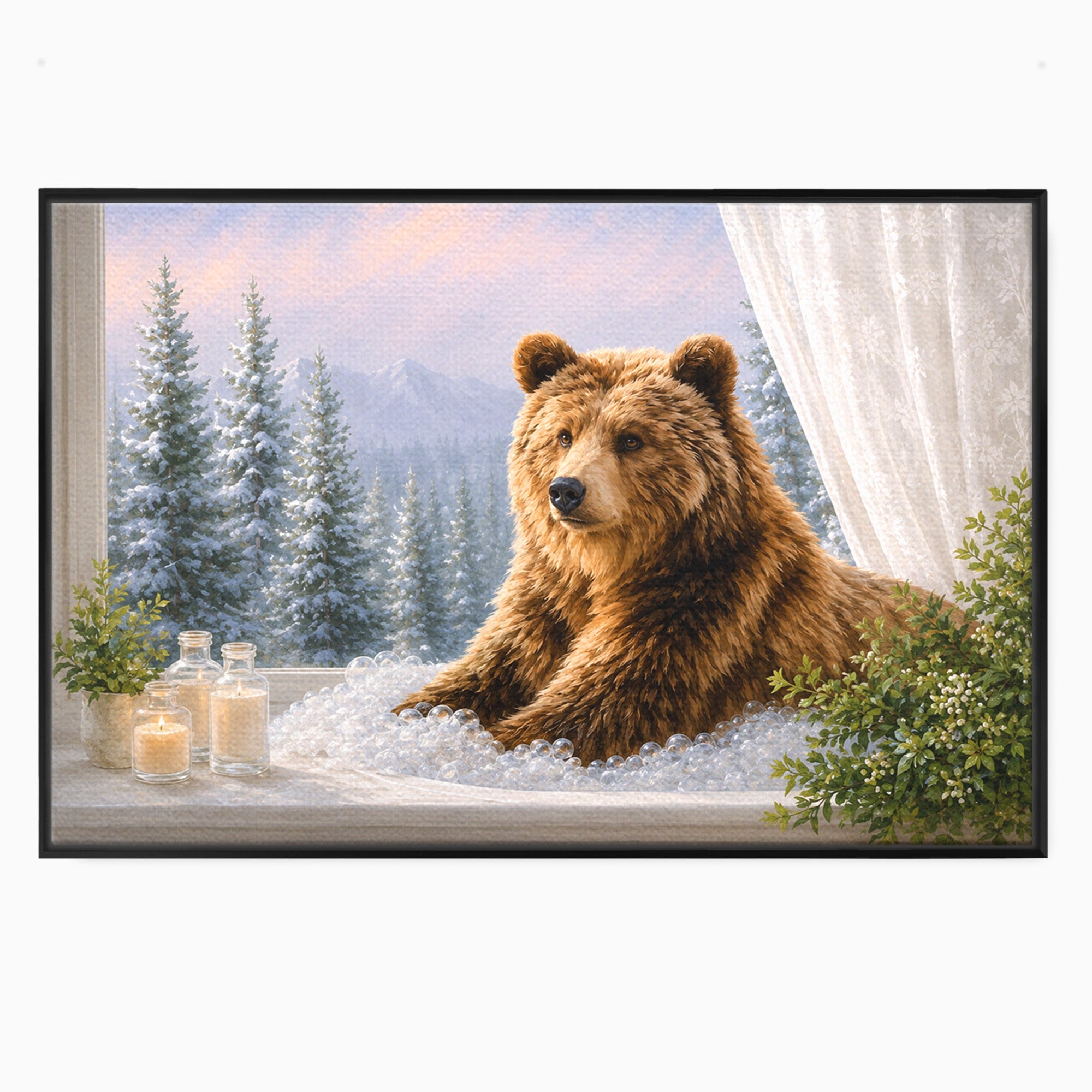 Tablou Canvas Premium LuxCanva® M1653, Ursul La Fereastra, Urs, Fereastra, Peisaj, Natura, Living, Culori Vibrante