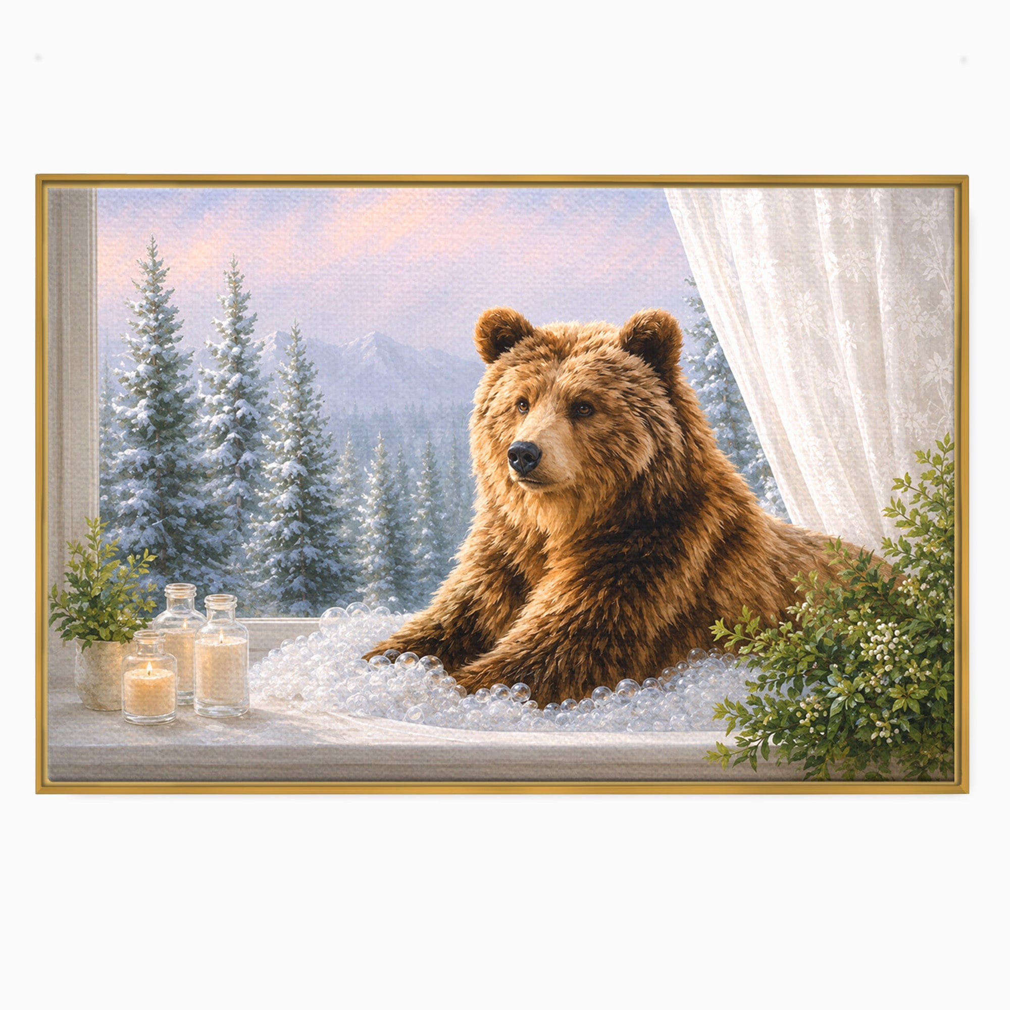 Tablou Canvas Premium LuxCanva® M1653, Ursul La Fereastra, Urs, Fereastra, Peisaj, Natura, Living, Culori Vibrante