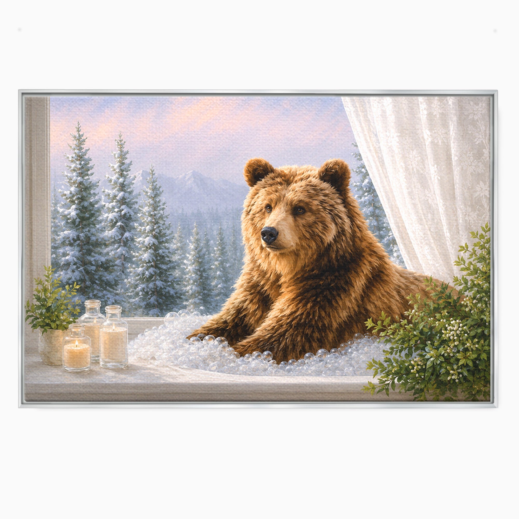 Tablou Canvas Premium LuxCanva® M1653, Ursul La Fereastra, Urs, Fereastra, Peisaj, Natura, Living, Culori Vibrante