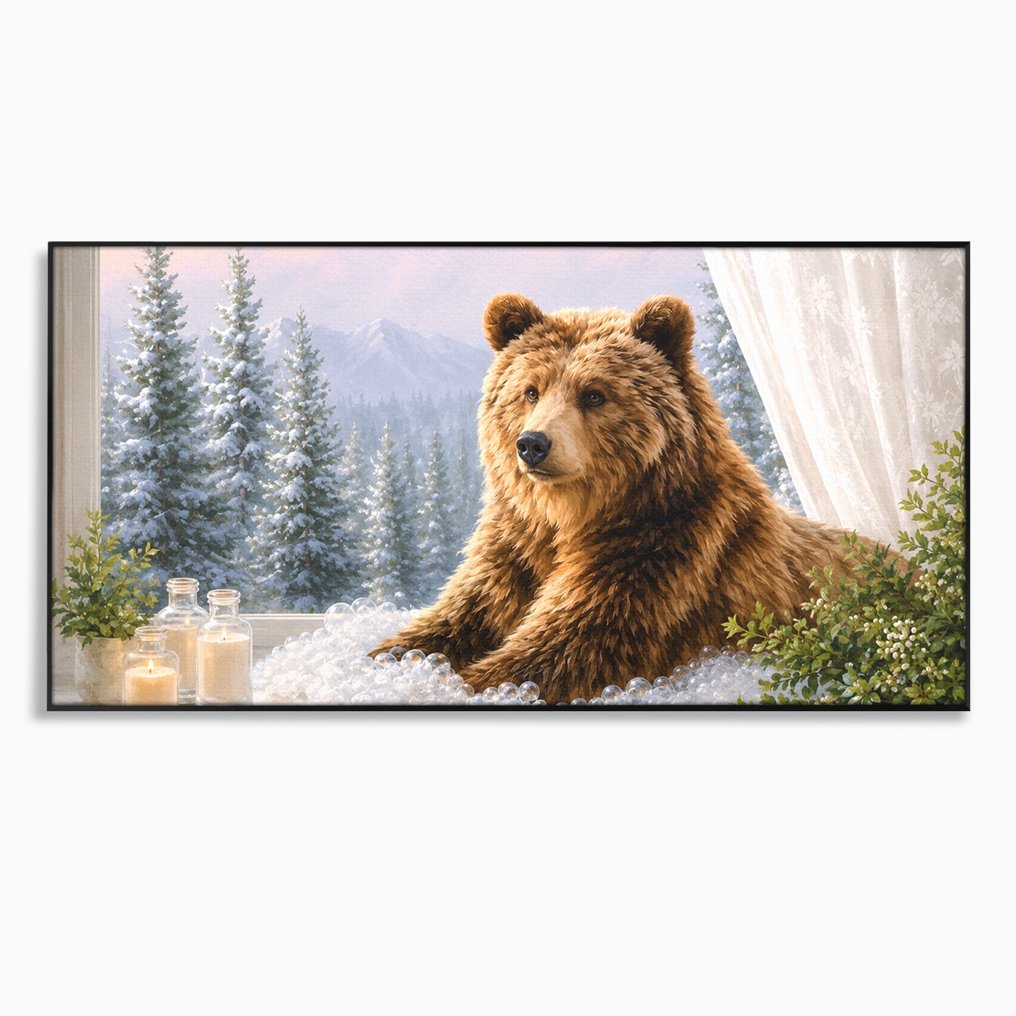Tablou Canvas Premium LuxCanva® M1653, Ursul La Fereastra, Urs, Fereastra, Peisaj, Natura, Living, Culori Vibrante