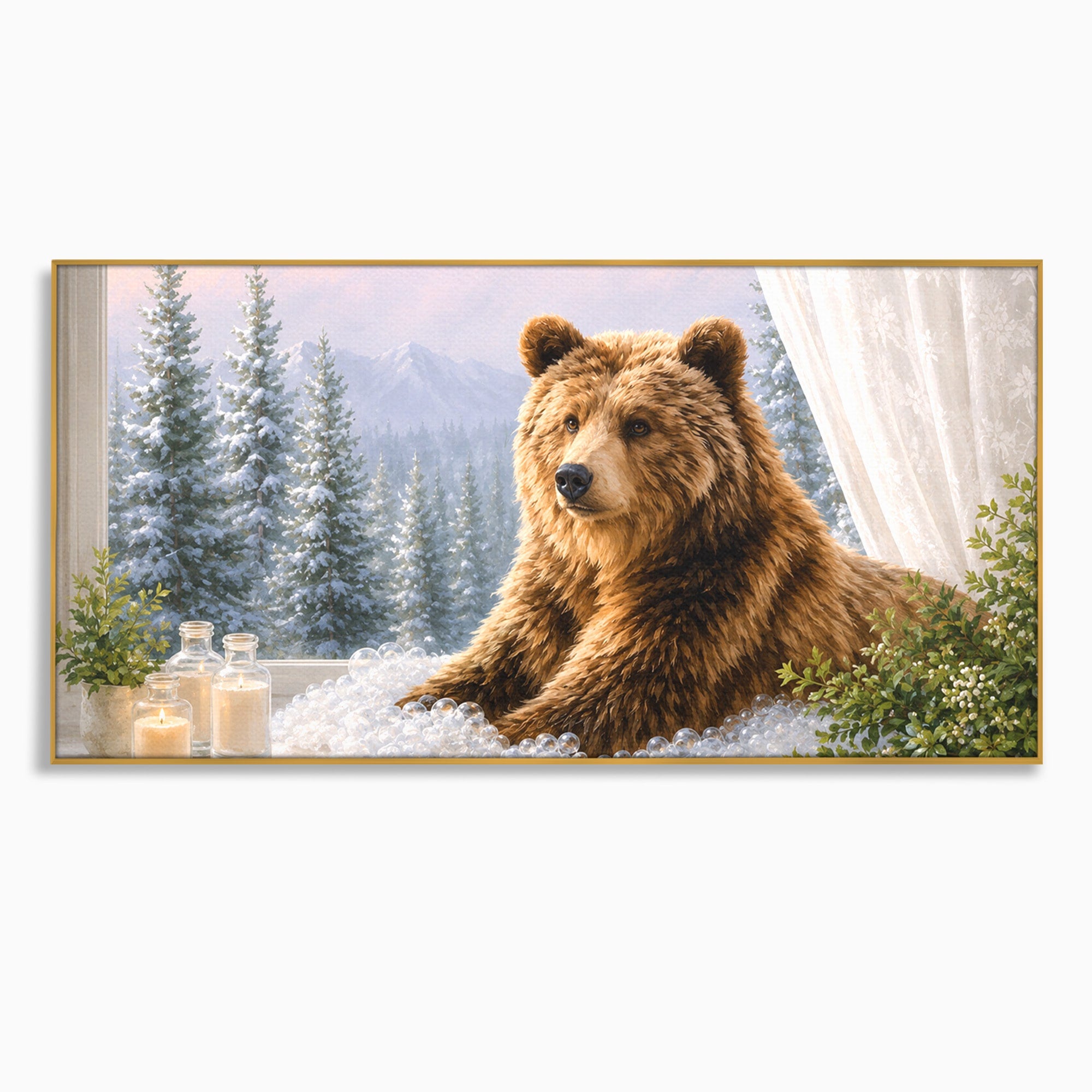 Tablou Canvas Premium LuxCanva® M1653, Ursul La Fereastra, Urs, Fereastra, Peisaj, Natura, Living, Culori Vibrante