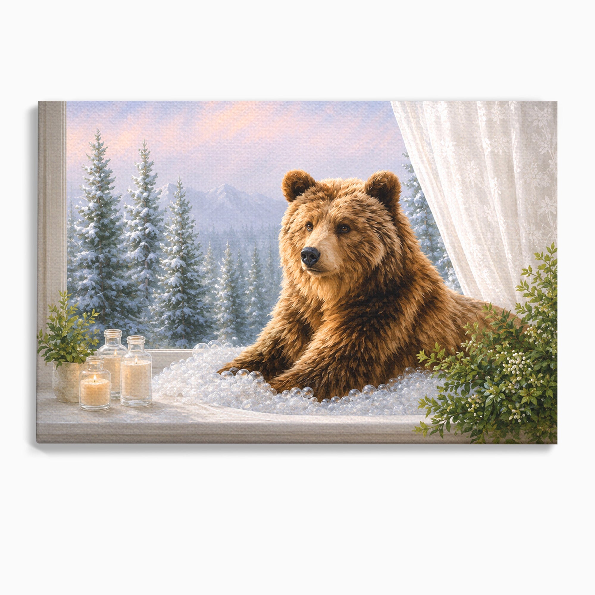 Tablou Canvas Premium LuxCanva® M1653, Ursul La Fereastra, Urs, Fereastra, Peisaj, Natura, Living, Culori Vibrante