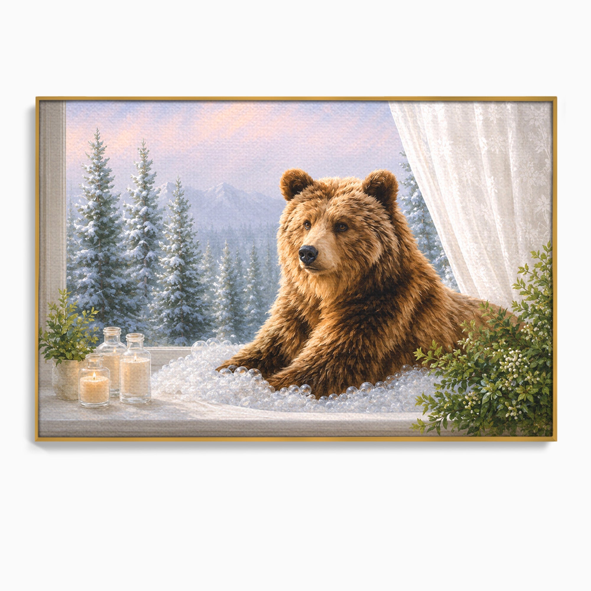 Tablou Canvas Premium LuxCanva® M1653, Ursul La Fereastra, Urs, Fereastra, Peisaj, Natura, Living, Culori Vibrante