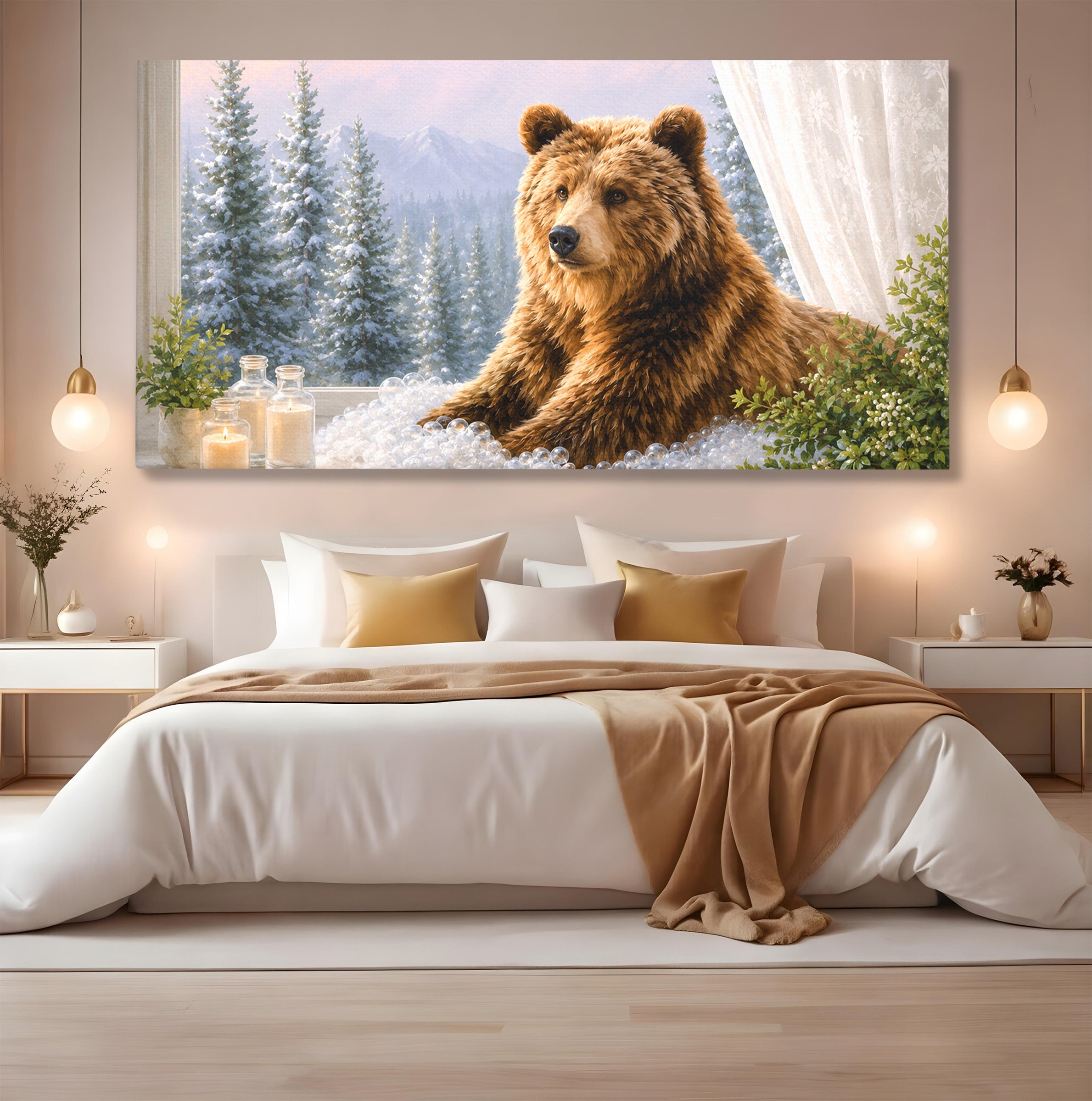 Tablou Canvas Premium LuxCanva® M1653, Ursul La Fereastra, Urs, Fereastra, Peisaj, Natura, Living, Culori Vibrante