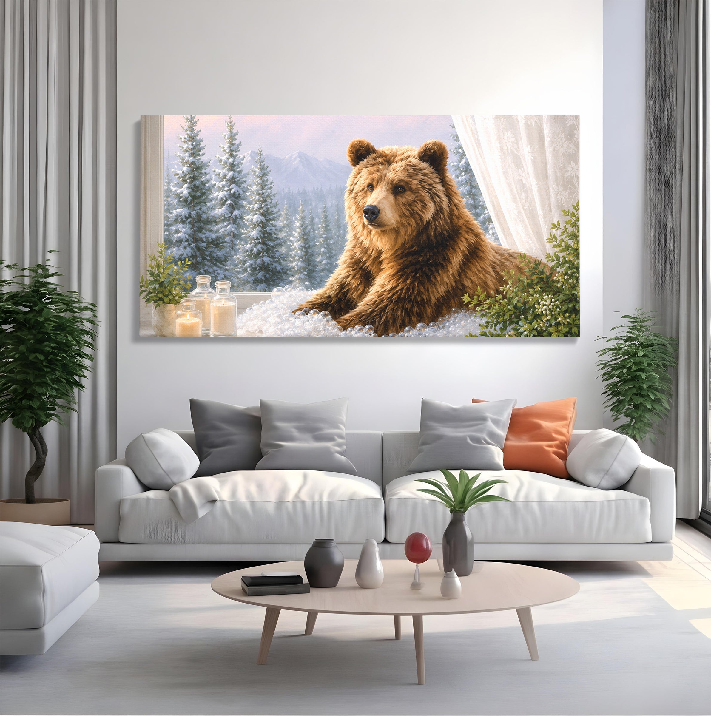 Tablou Canvas Premium LuxCanva® M1653, Ursul La Fereastra, Urs, Fereastra, Peisaj, Natura, Living, Culori Vibrante
