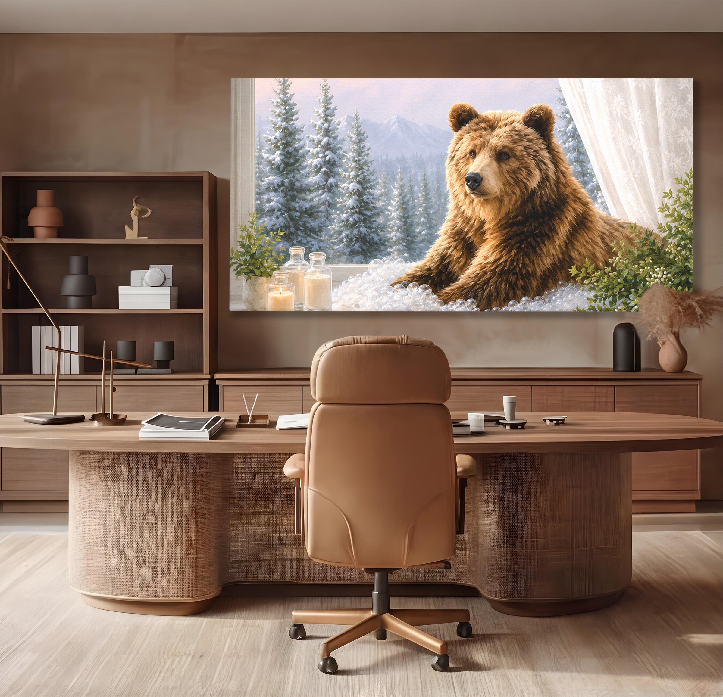 Tablou Canvas Premium LuxCanva® M1653, Ursul La Fereastra, Urs, Fereastra, Peisaj, Natura, Living, Culori Vibrante