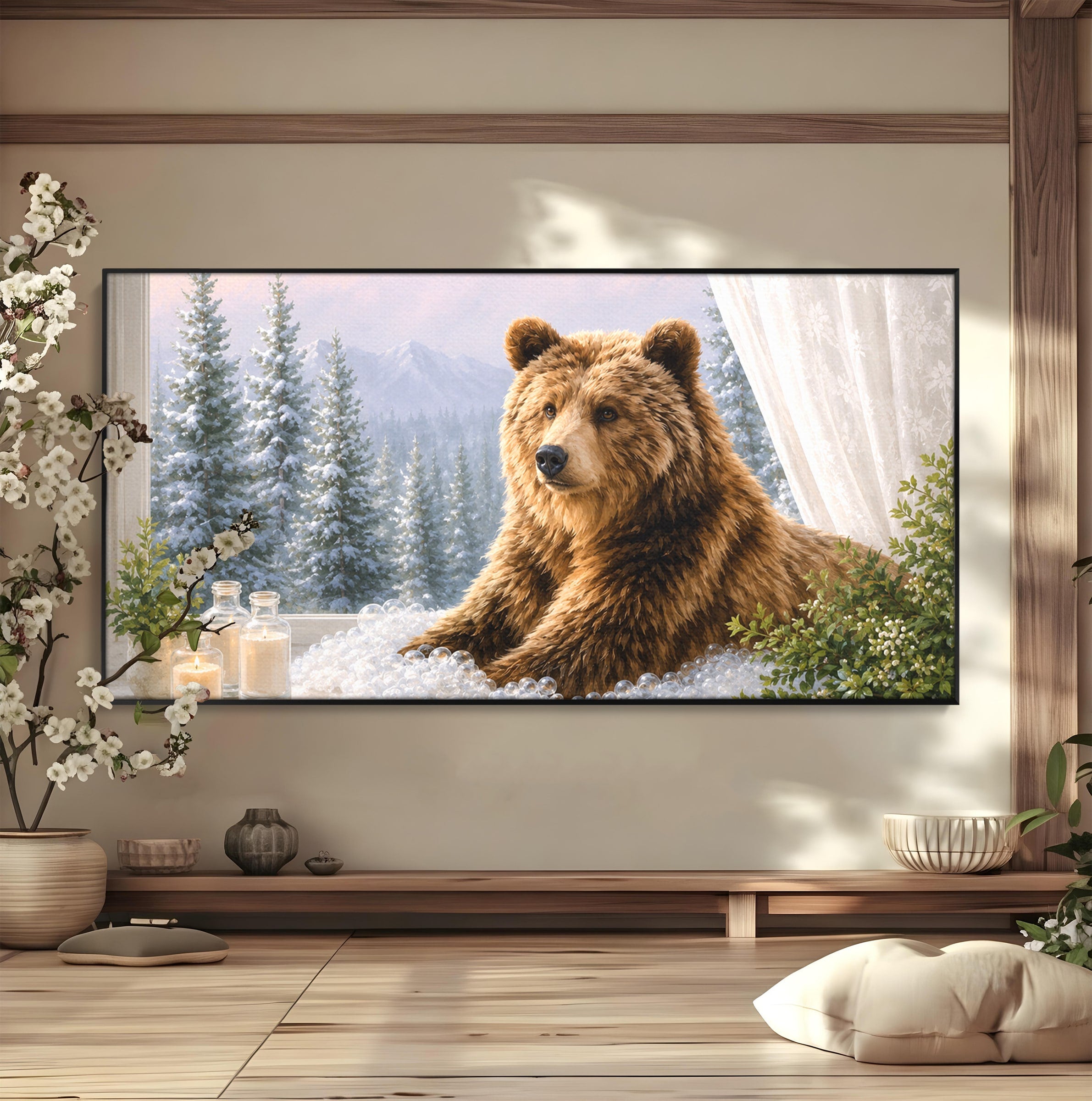 Tablou Canvas Premium LuxCanva® M1653, Ursul La Fereastra, Urs, Fereastra, Peisaj, Natura, Living, Culori Vibrante