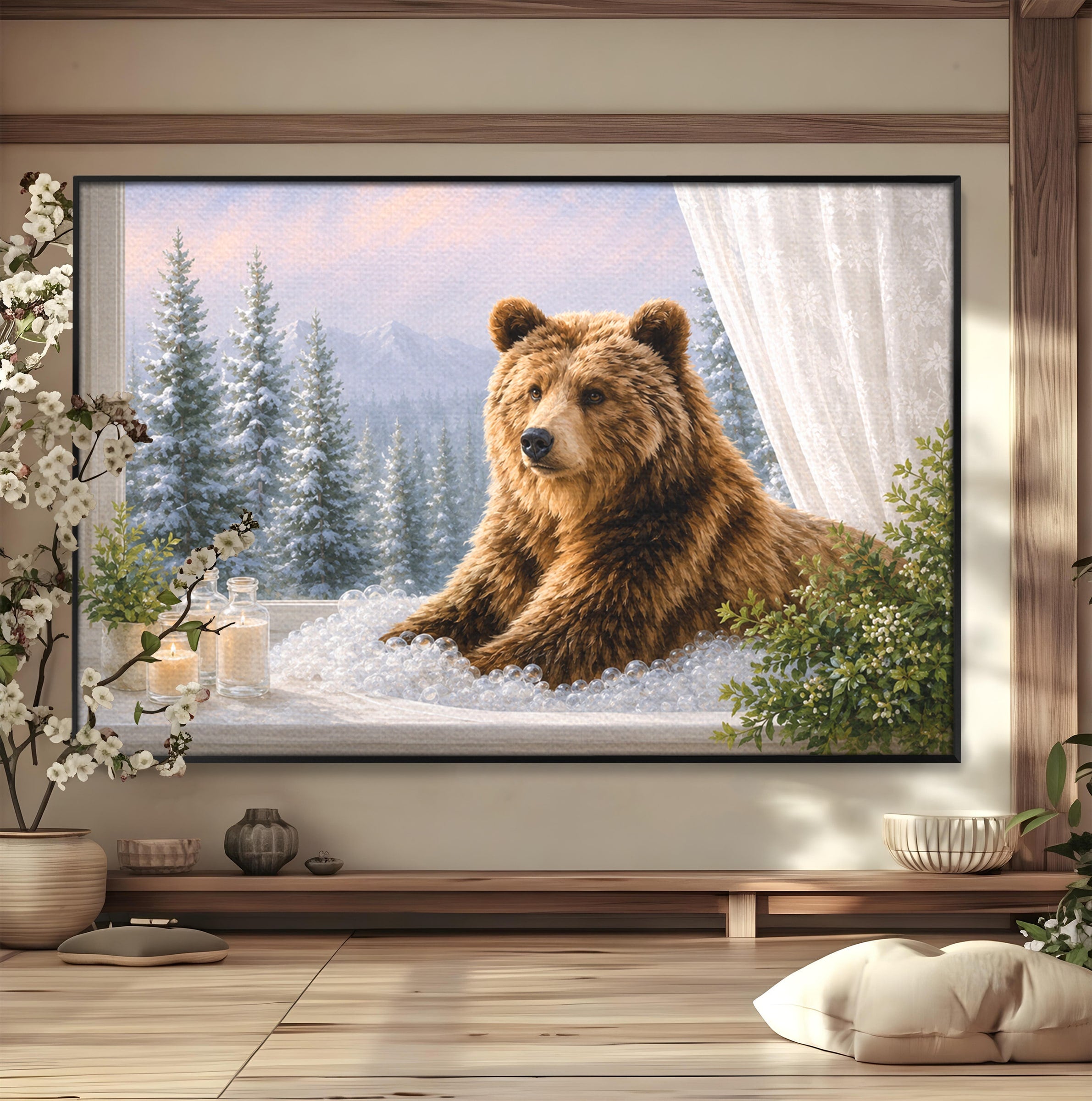 Tablou Canvas Premium LuxCanva® M1653, Ursul La Fereastra, Urs, Fereastra, Peisaj, Natura, Living, Culori Vibrante