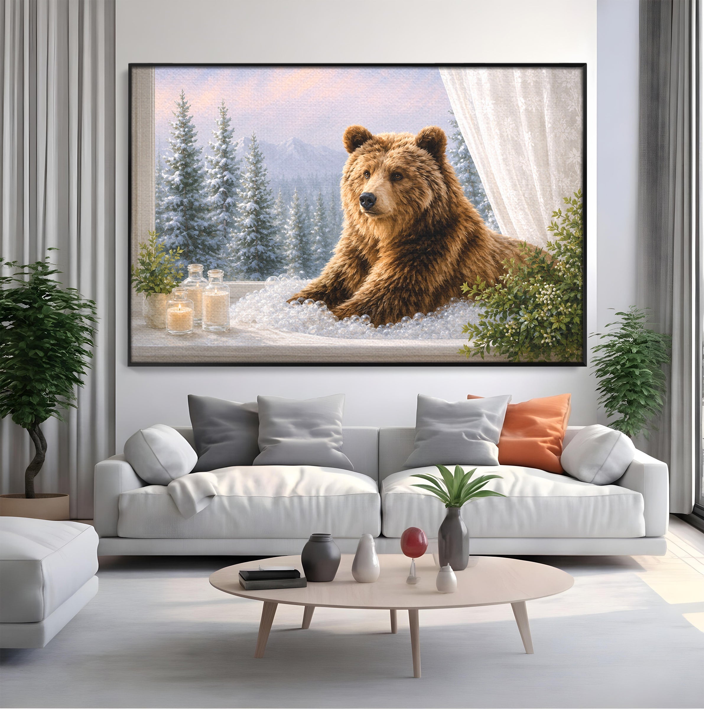 Tablou Canvas Premium LuxCanva® M1653, Ursul La Fereastra, Urs, Fereastra, Peisaj, Natura, Living, Culori Vibrante