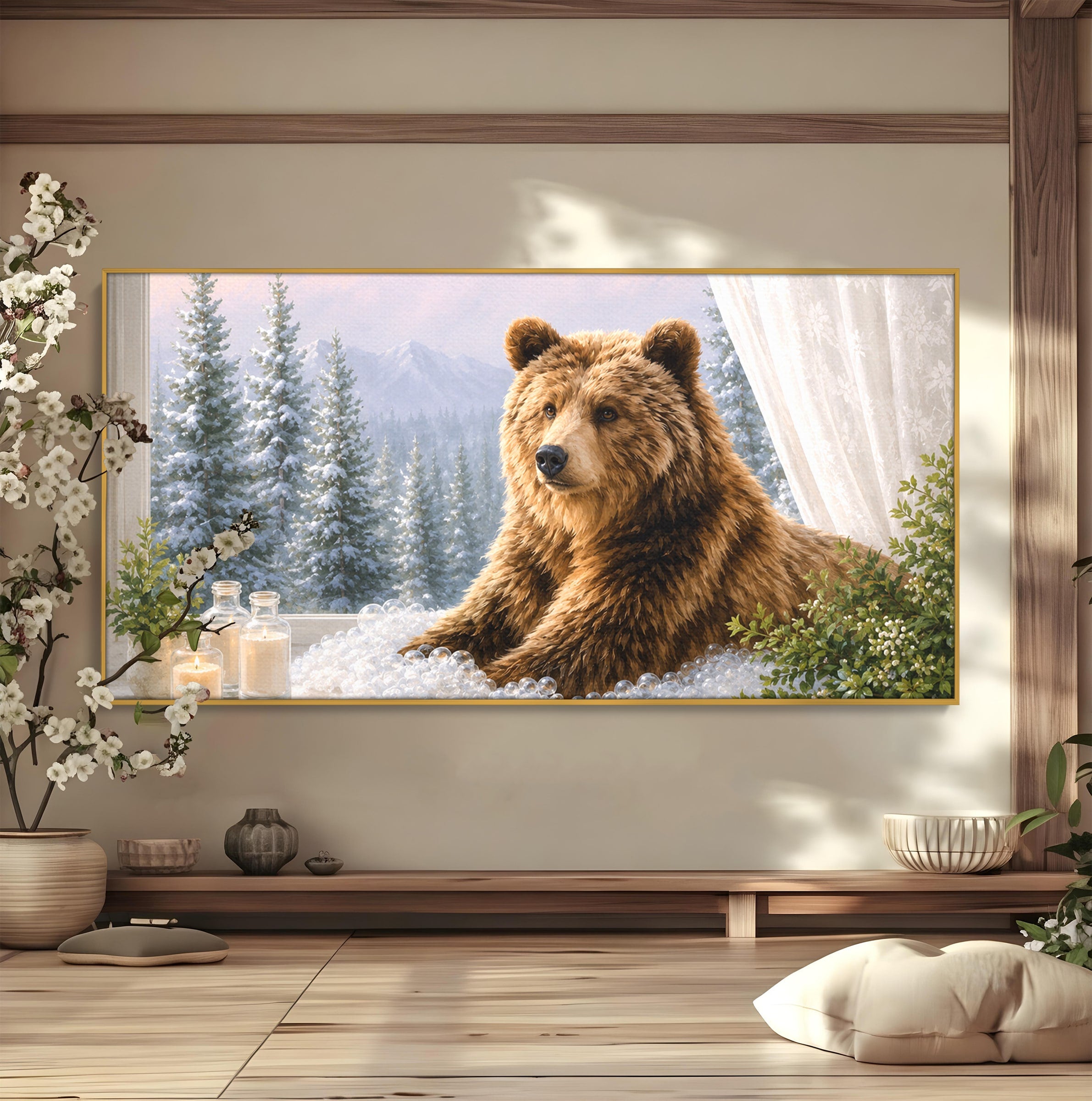 Tablou Canvas Premium LuxCanva® M1653, Ursul La Fereastra, Urs, Fereastra, Peisaj, Natura, Living, Culori Vibrante