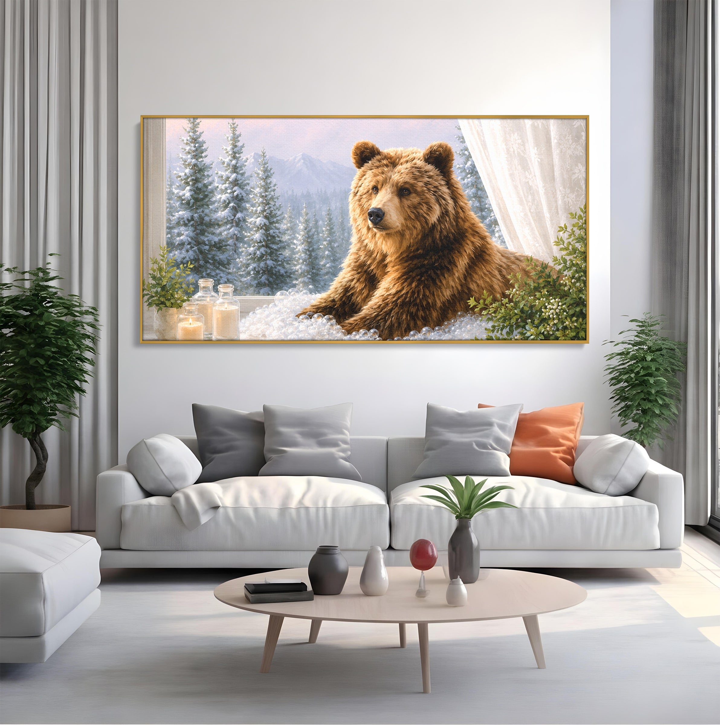 Tablou Canvas Premium LuxCanva® M1653, Ursul La Fereastra, Urs, Fereastra, Peisaj, Natura, Living, Culori Vibrante