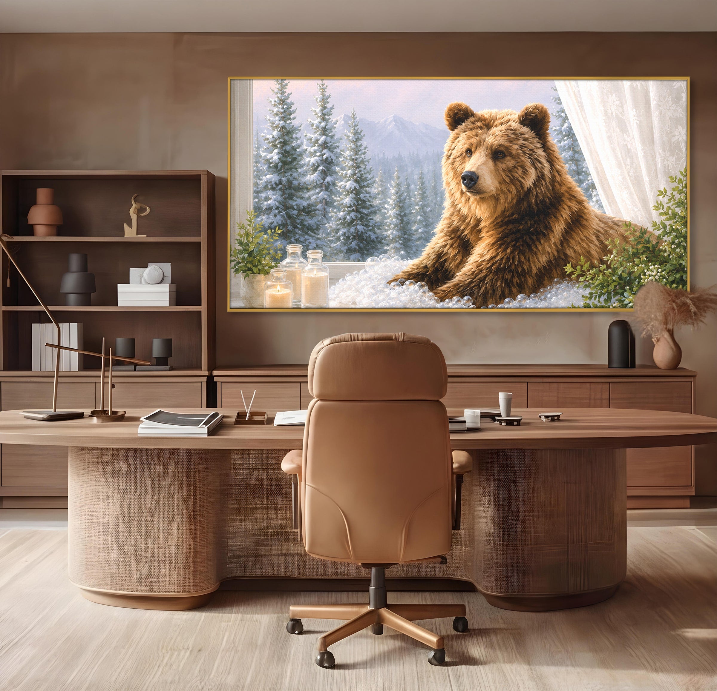 Tablou Canvas Premium LuxCanva® M1653, Ursul La Fereastra, Urs, Fereastra, Peisaj, Natura, Living, Culori Vibrante