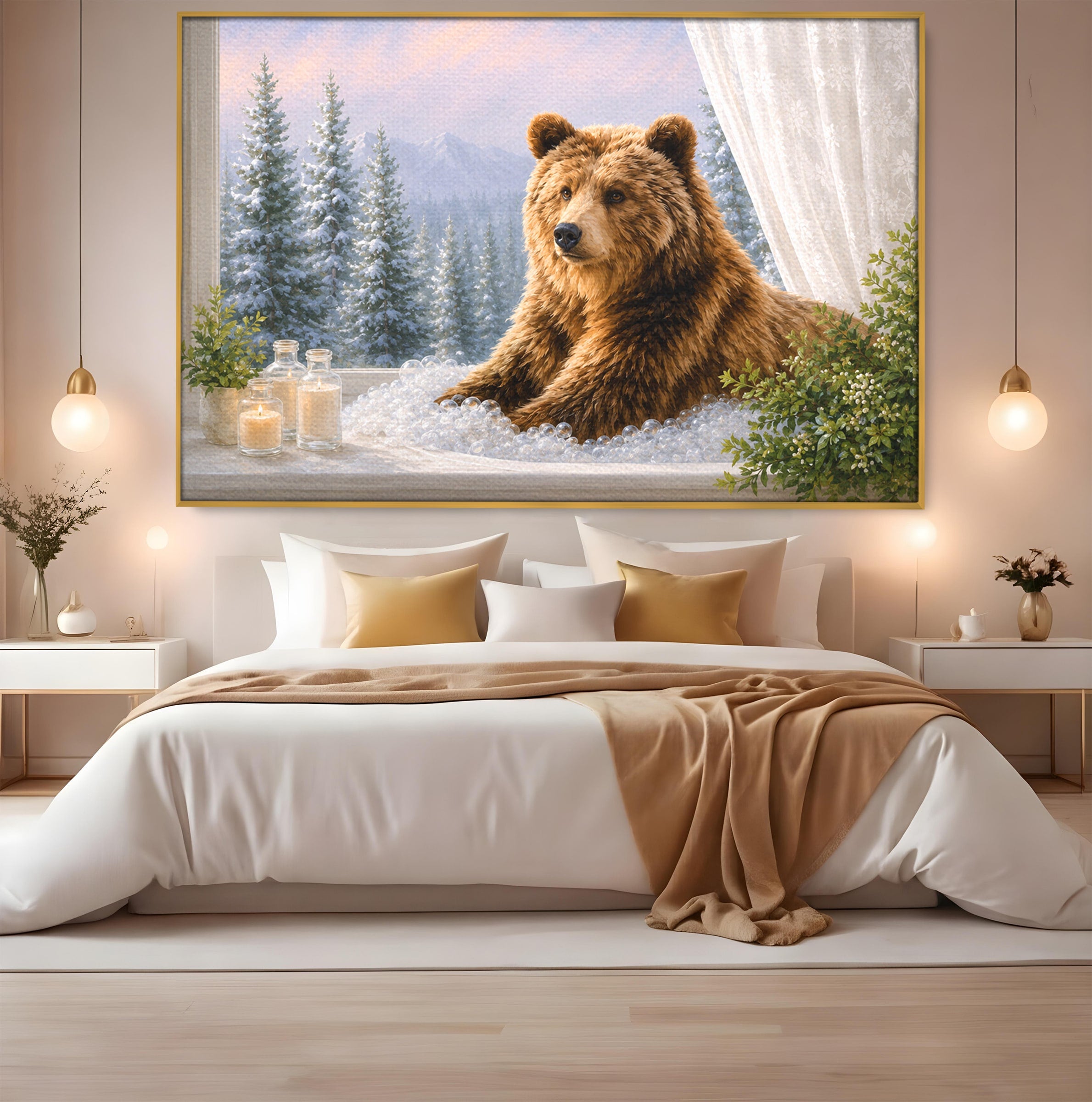 Tablou Canvas Premium LuxCanva® M1653, Ursul La Fereastra, Urs, Fereastra, Peisaj, Natura, Living, Culori Vibrante