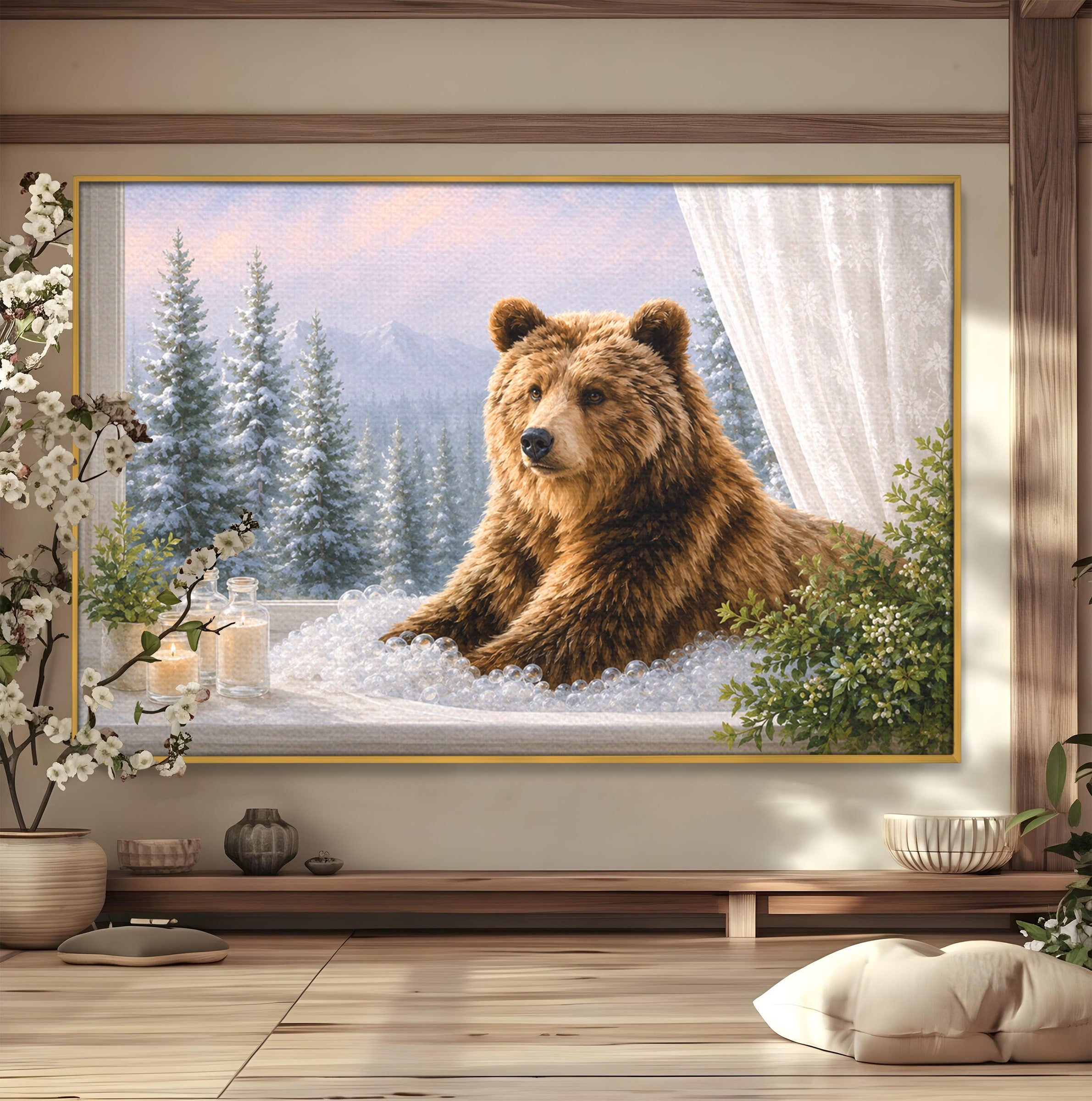 Tablou Canvas Premium LuxCanva® M1653, Ursul La Fereastra, Urs, Fereastra, Peisaj, Natura, Living, Culori Vibrante