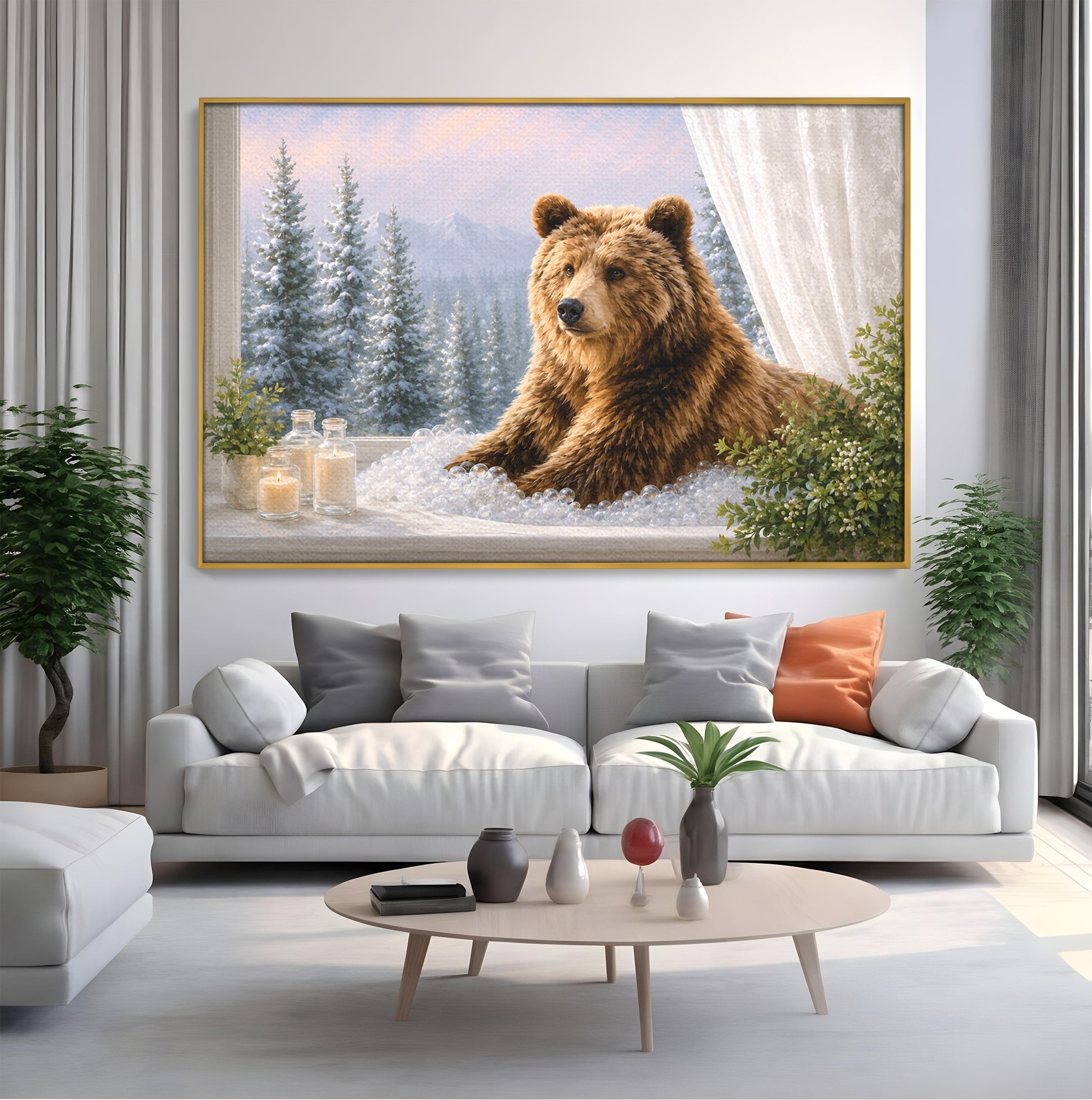 Tablou Canvas Premium LuxCanva® M1653, Ursul La Fereastra, Urs, Fereastra, Peisaj, Natura, Living, Culori Vibrante