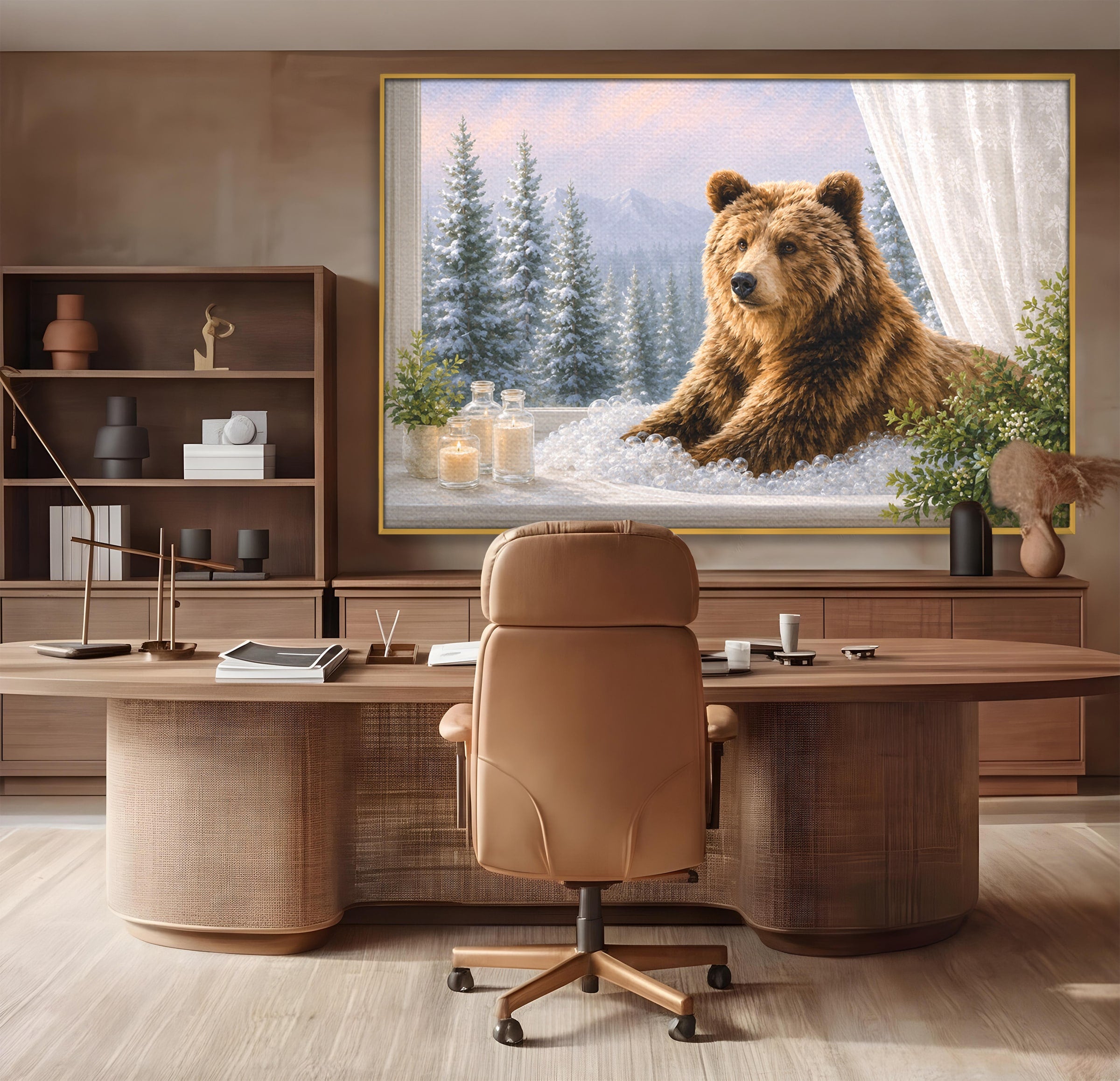 Tablou Canvas Premium LuxCanva® M1653, Ursul La Fereastra, Urs, Fereastra, Peisaj, Natura, Living, Culori Vibrante