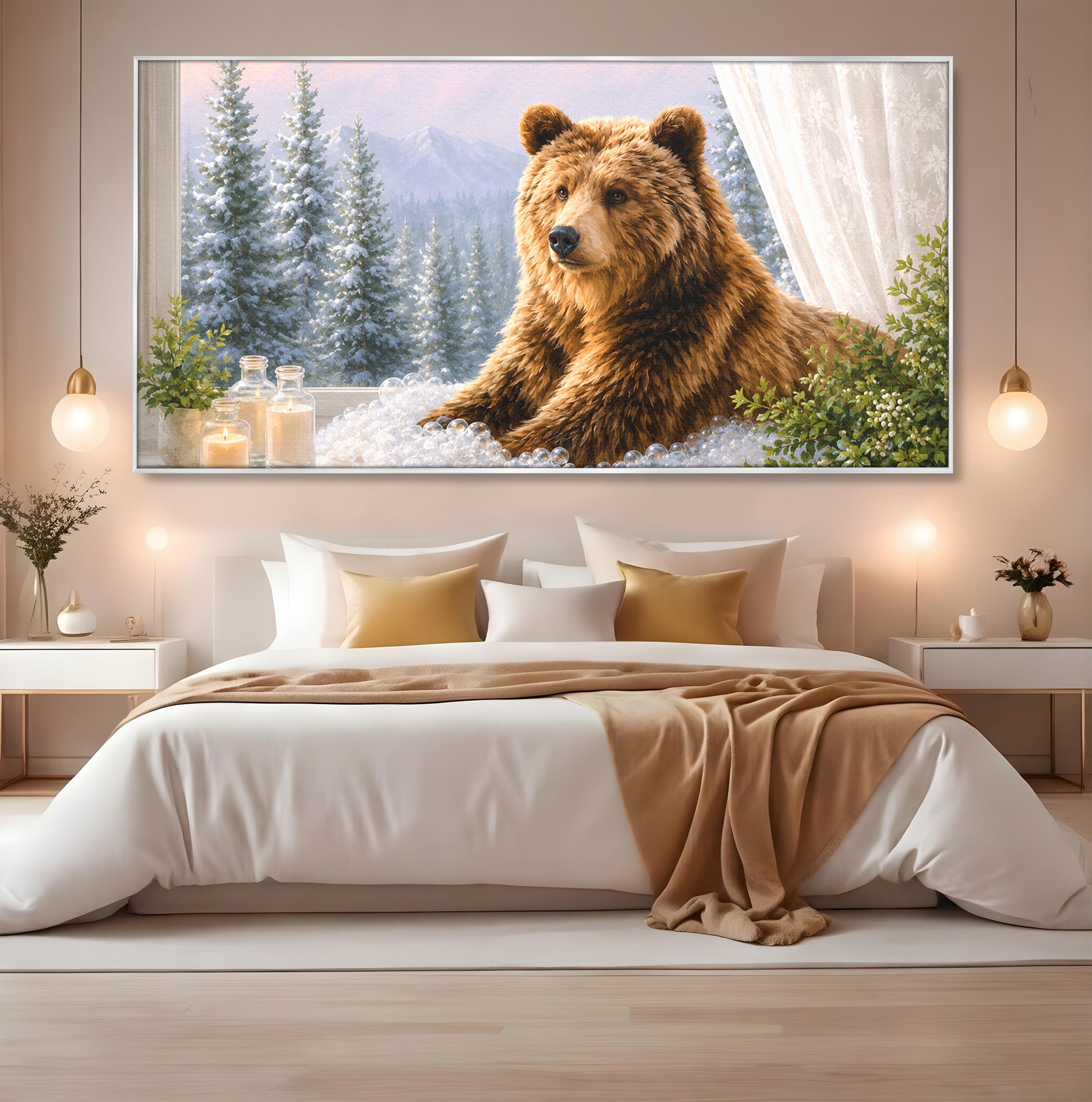 Tablou Canvas Premium LuxCanva® M1653, Ursul La Fereastra, Urs, Fereastra, Peisaj, Natura, Living, Culori Vibrante