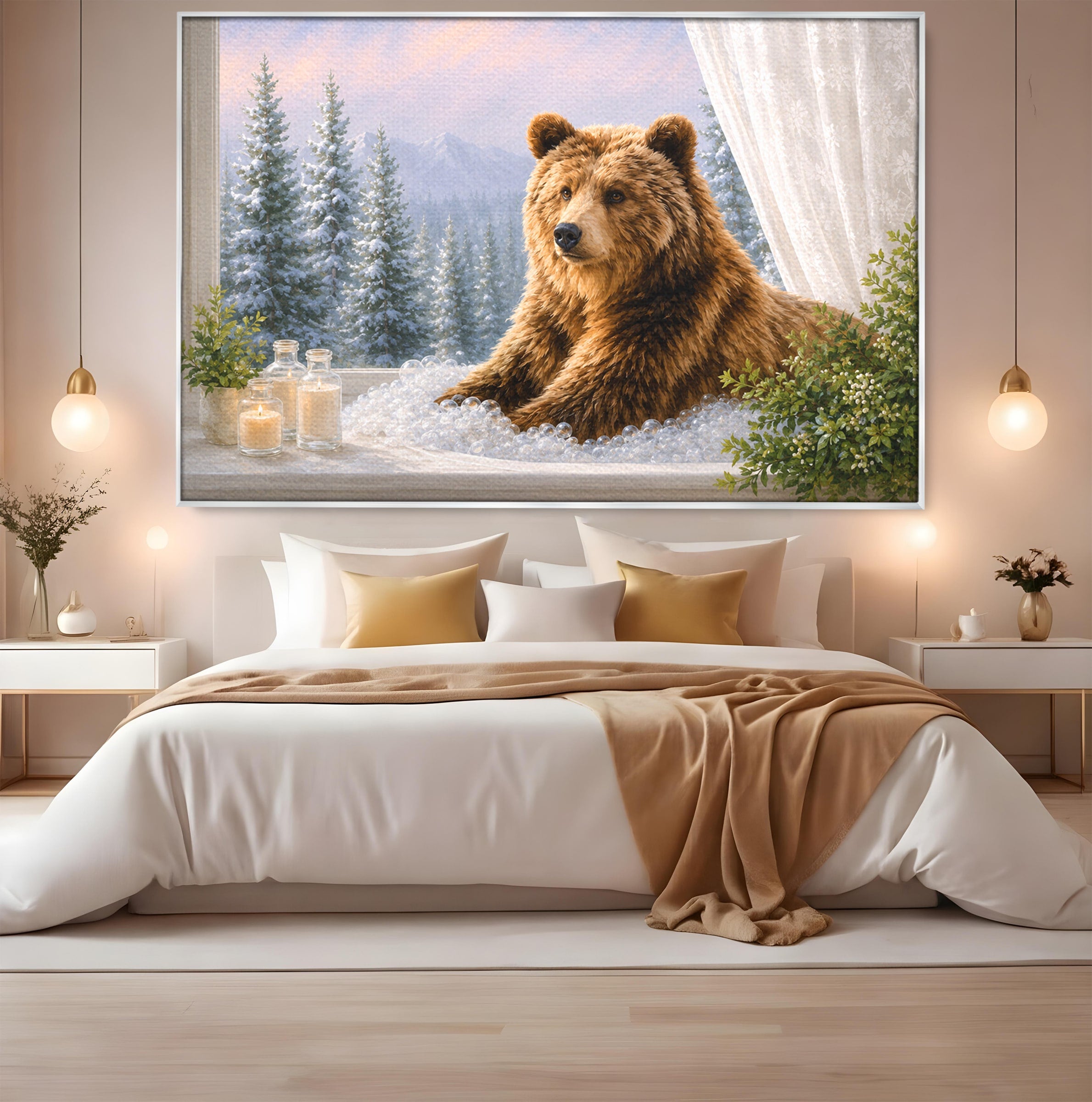 Tablou Canvas Premium LuxCanva® M1653, Ursul La Fereastra, Urs, Fereastra, Peisaj, Natura, Living, Culori Vibrante
