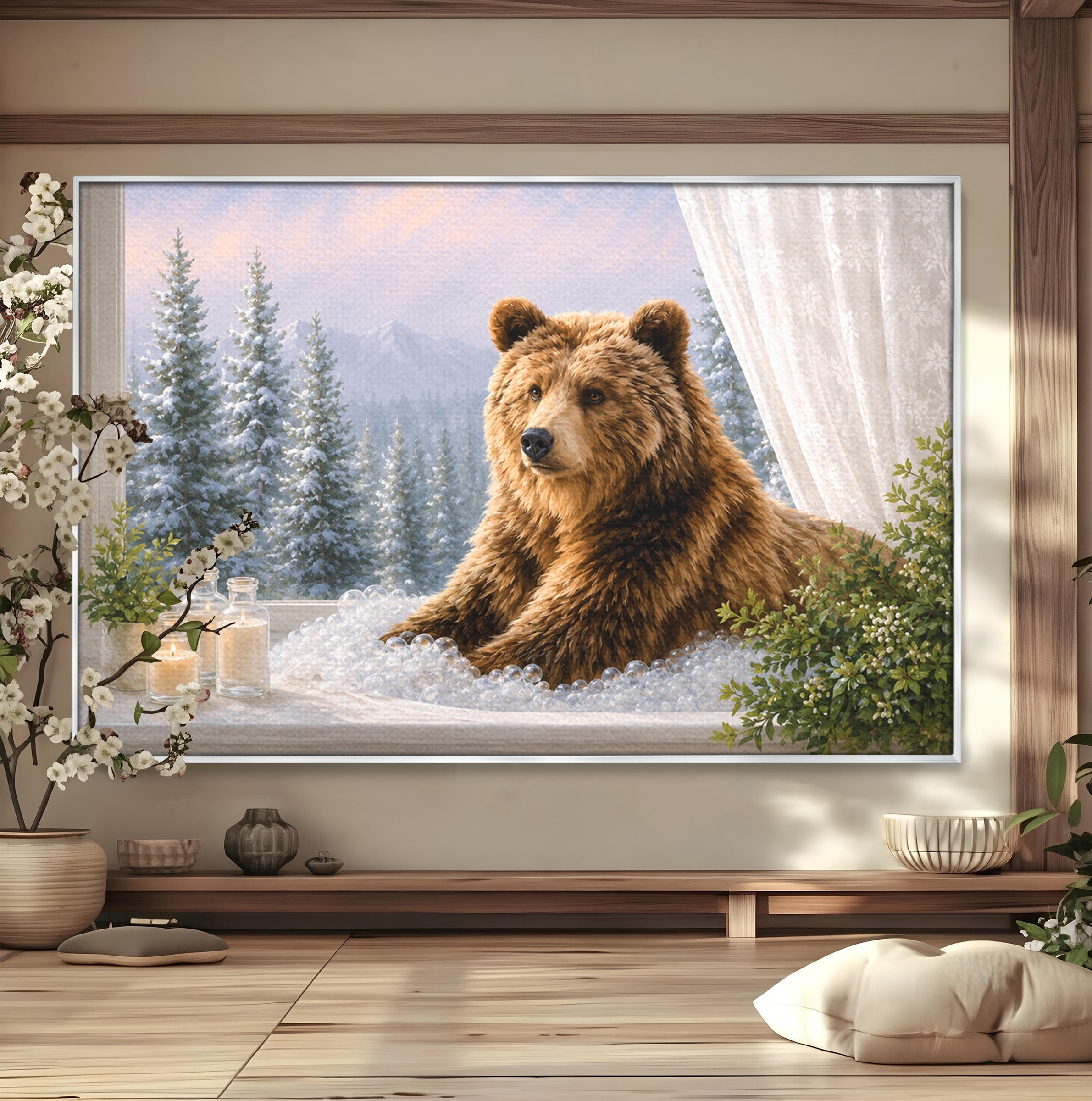 Tablou Canvas Premium LuxCanva® M1653, Ursul La Fereastra, Urs, Fereastra, Peisaj, Natura, Living, Culori Vibrante