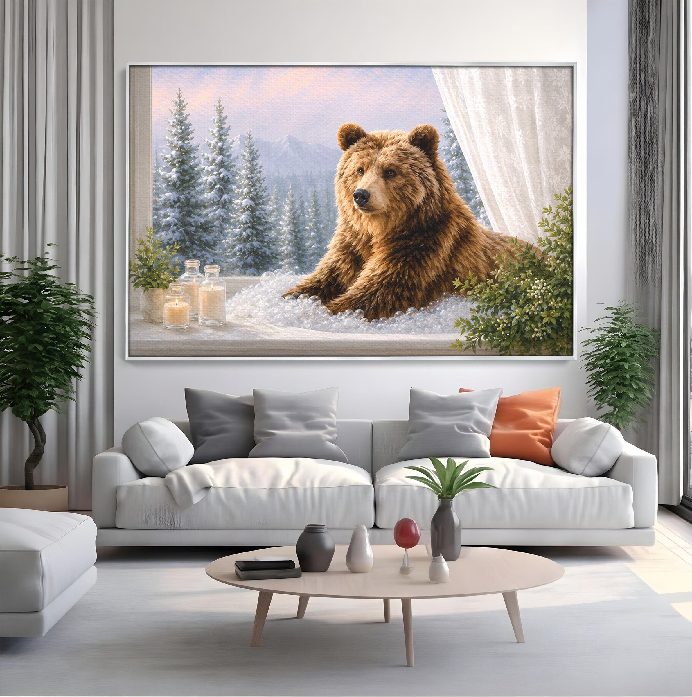 Tablou Canvas Premium LuxCanva® M1653, Ursul La Fereastra, Urs, Fereastra, Peisaj, Natura, Living, Culori Vibrante
