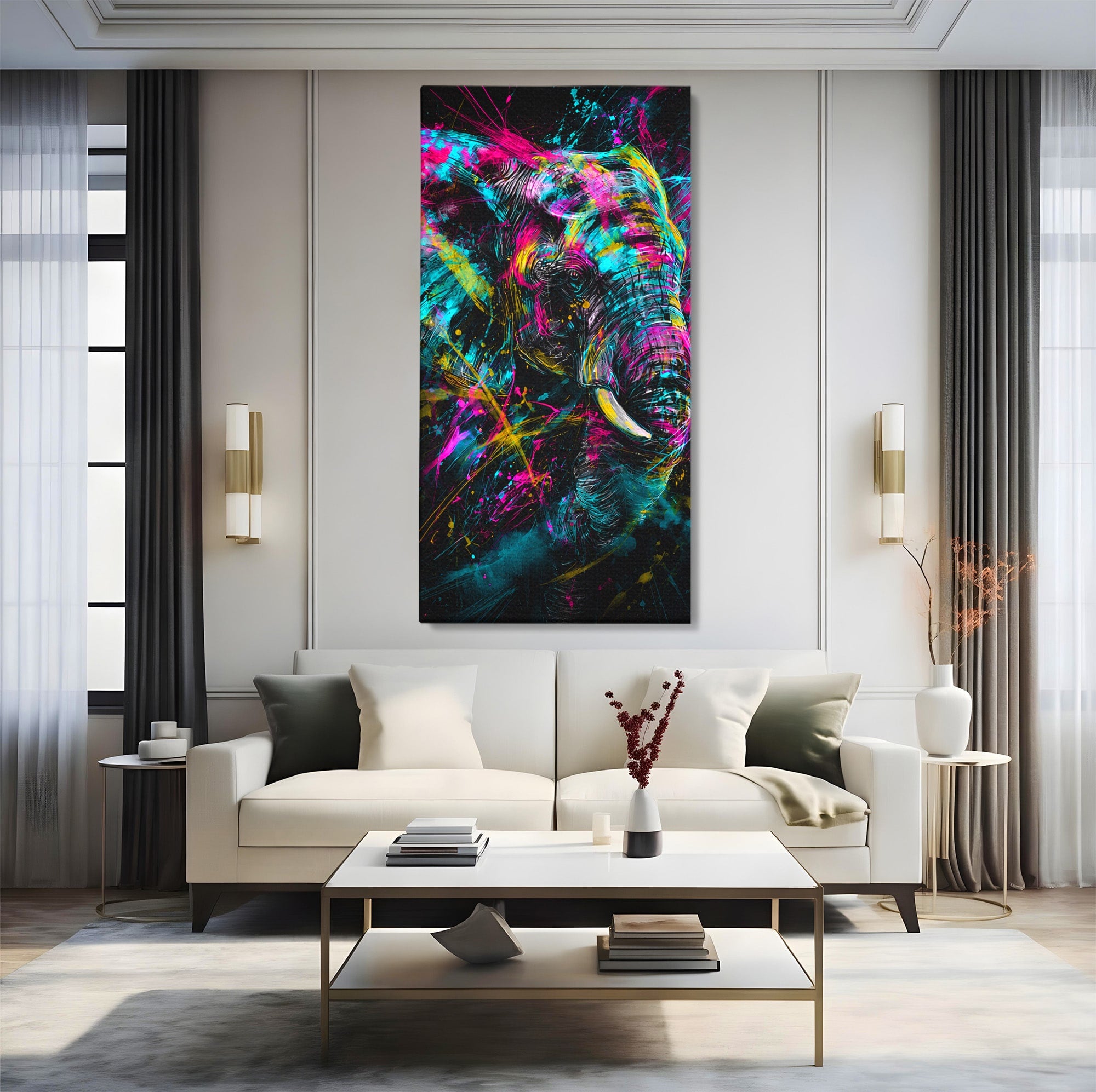 Tablou Canvas Premium LuxCanva® M1655, Elefantul Exploziv, Elefant, Arta Abstracta, Animale, Modern, Living, Culori Vibrante