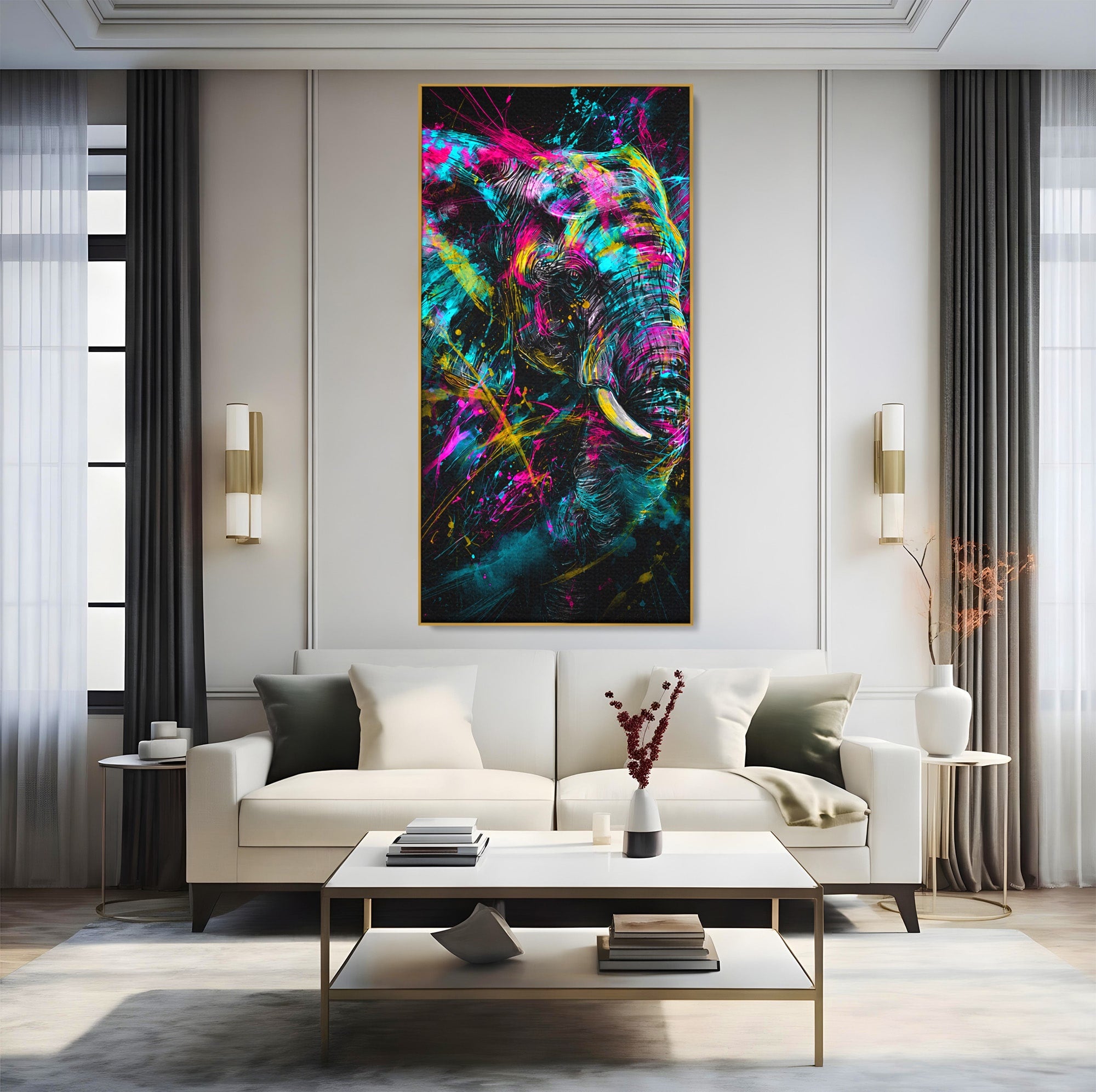 Tablou Canvas Premium LuxCanva® M1655, Elefantul Exploziv, Elefant, Arta Abstracta, Animale, Modern, Living, Culori Vibrante