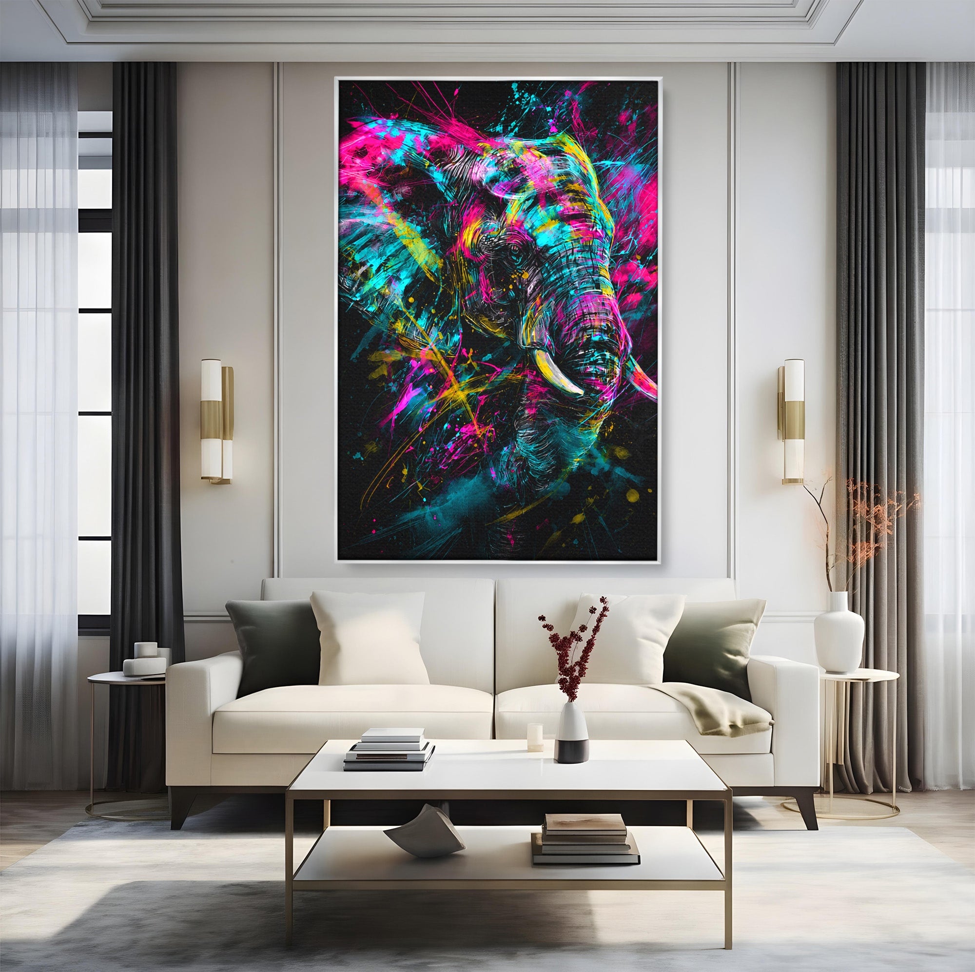 Tablou Canvas Premium LuxCanva® M1655, Elefantul Exploziv, Elefant, Arta Abstracta, Animale, Modern, Living, Culori Vibrante