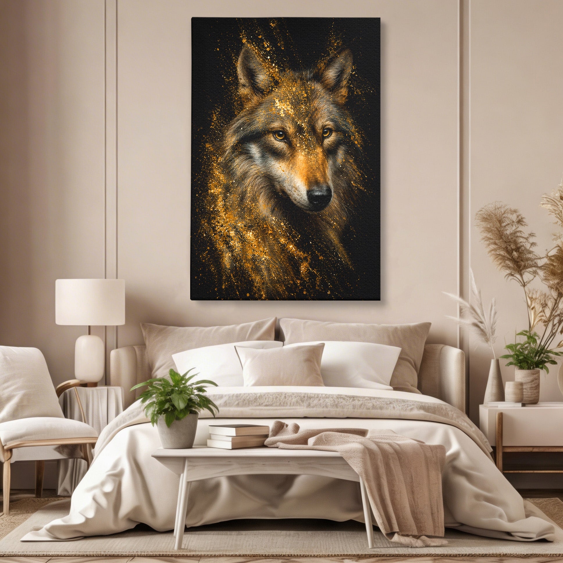Tablou Canvas Premium LuxCanva® M1656, Lupul Aurit, Lup, Animale, Portret, Arta, Birou, Culori Vibrante
