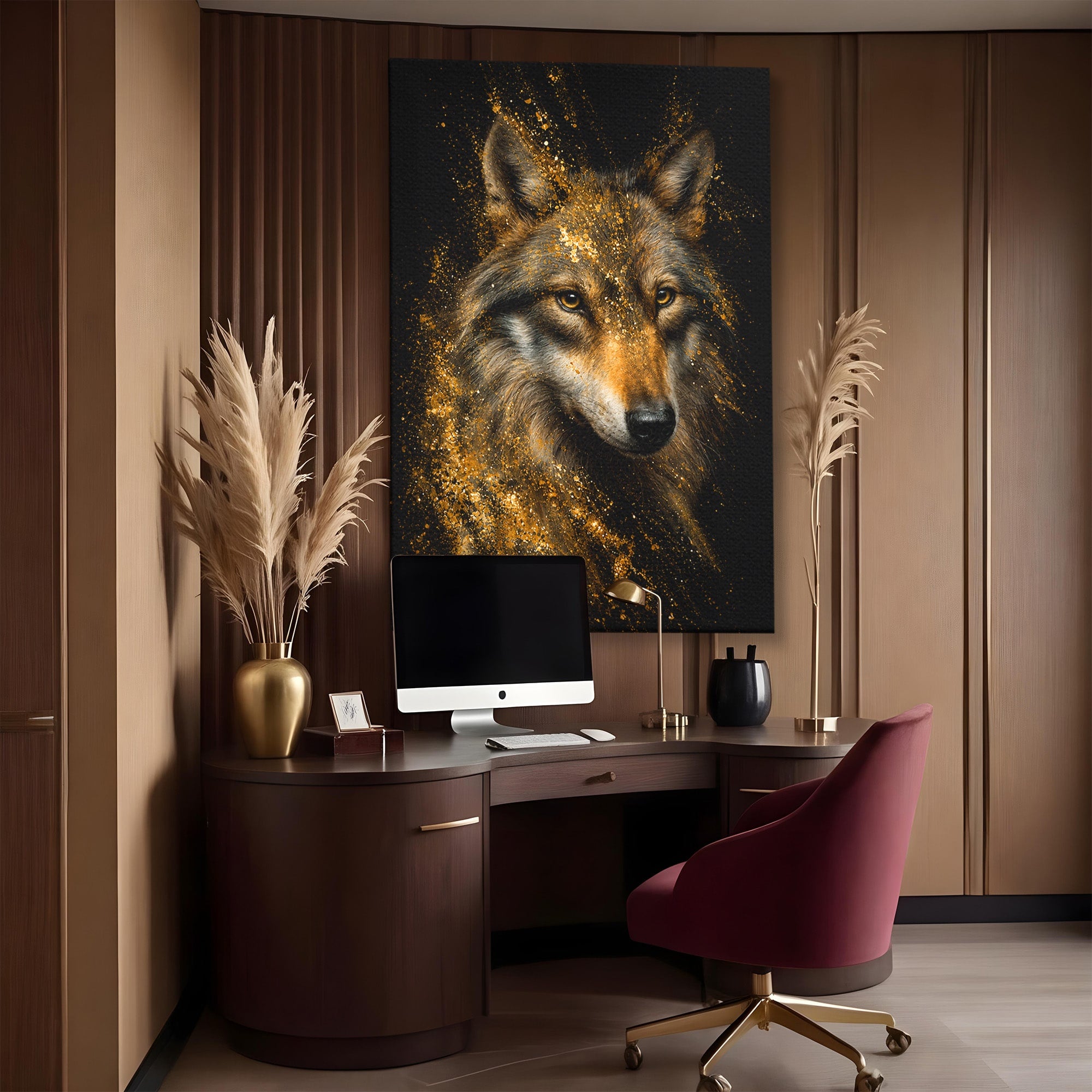 Tablou Canvas Premium LuxCanva® M1656, Lupul Aurit, Lup, Animale, Portret, Arta, Birou, Culori Vibrante