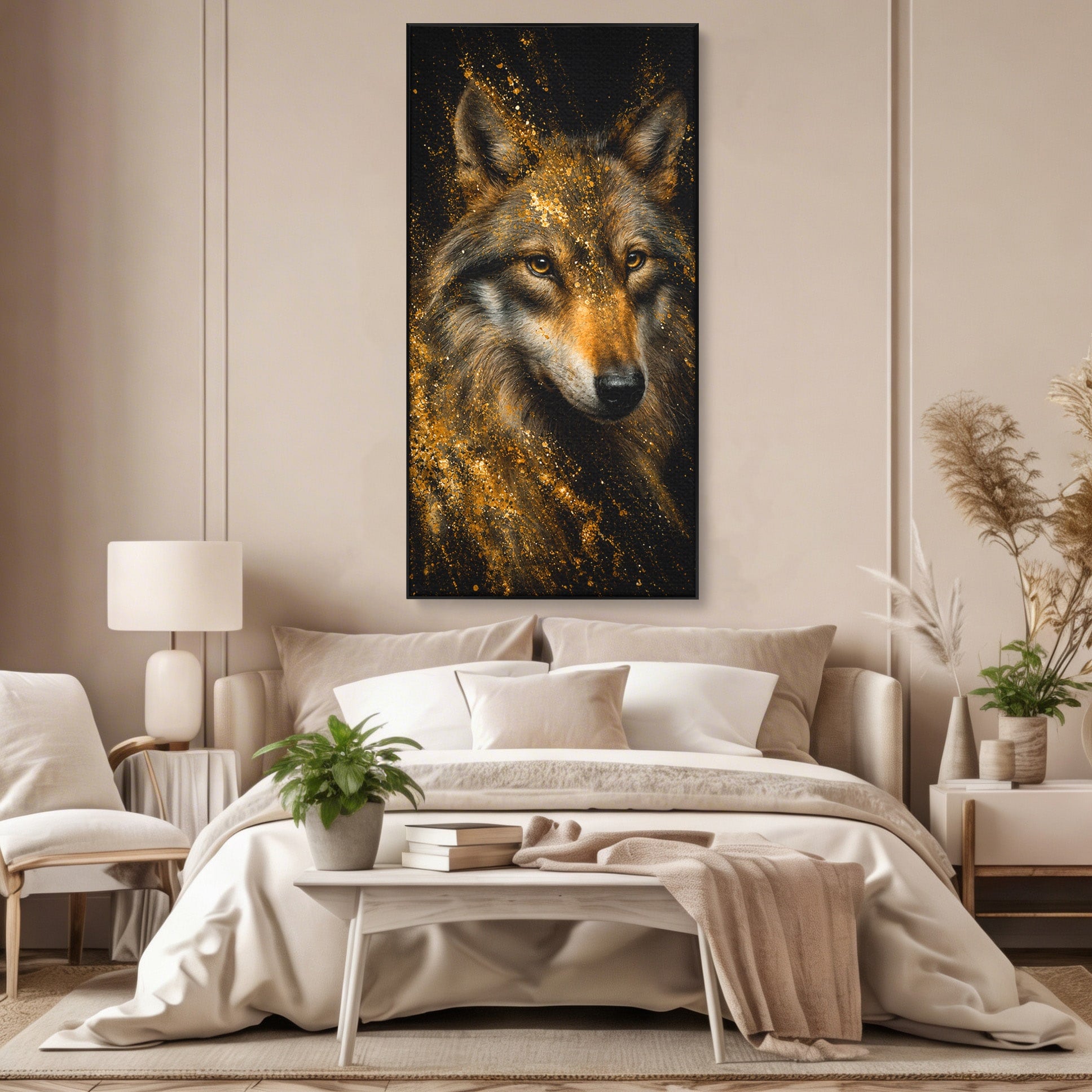 Tablou Canvas Premium LuxCanva® M1656, Lupul Aurit, Lup, Animale, Portret, Arta, Birou, Culori Vibrante