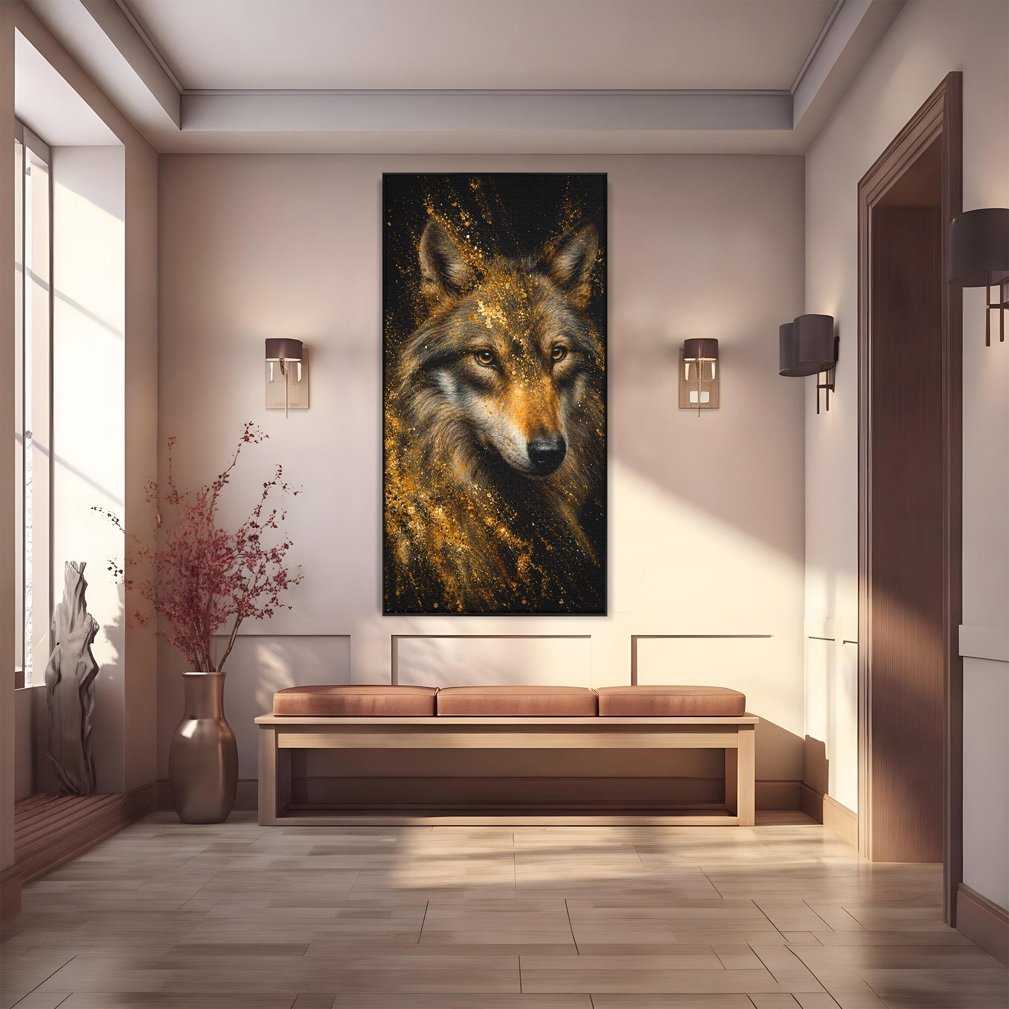 Tablou Canvas Premium LuxCanva® M1656, Lupul Aurit, Lup, Animale, Portret, Arta, Birou, Culori Vibrante