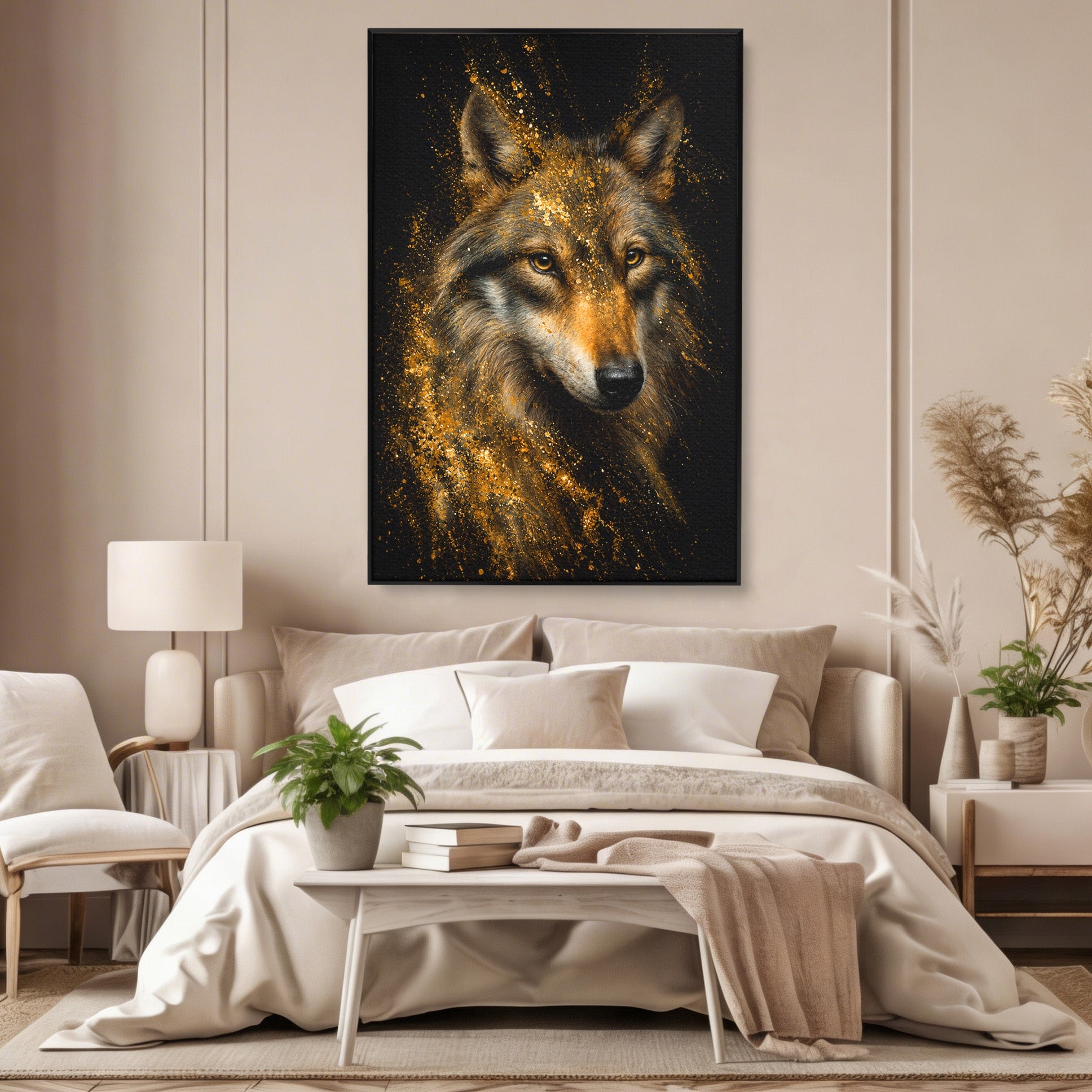 Tablou Canvas Premium LuxCanva® M1656, Lupul Aurit, Lup, Animale, Portret, Arta, Birou, Culori Vibrante