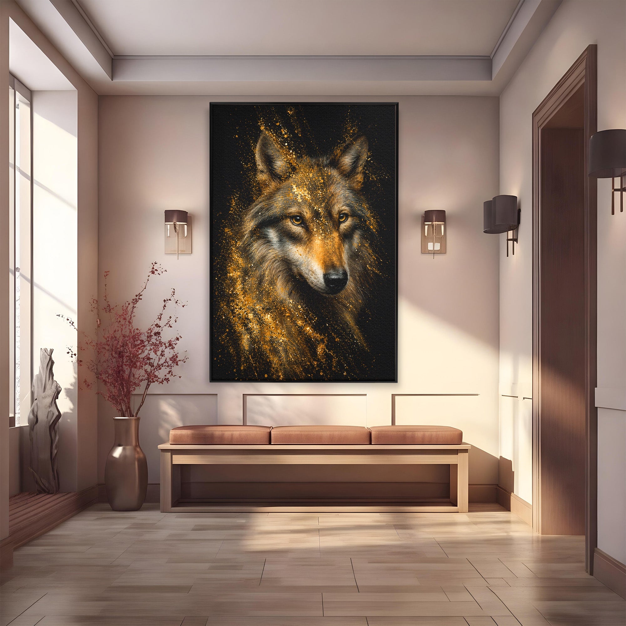 Tablou Canvas Premium LuxCanva® M1656, Lupul Aurit, Lup, Animale, Portret, Arta, Birou, Culori Vibrante