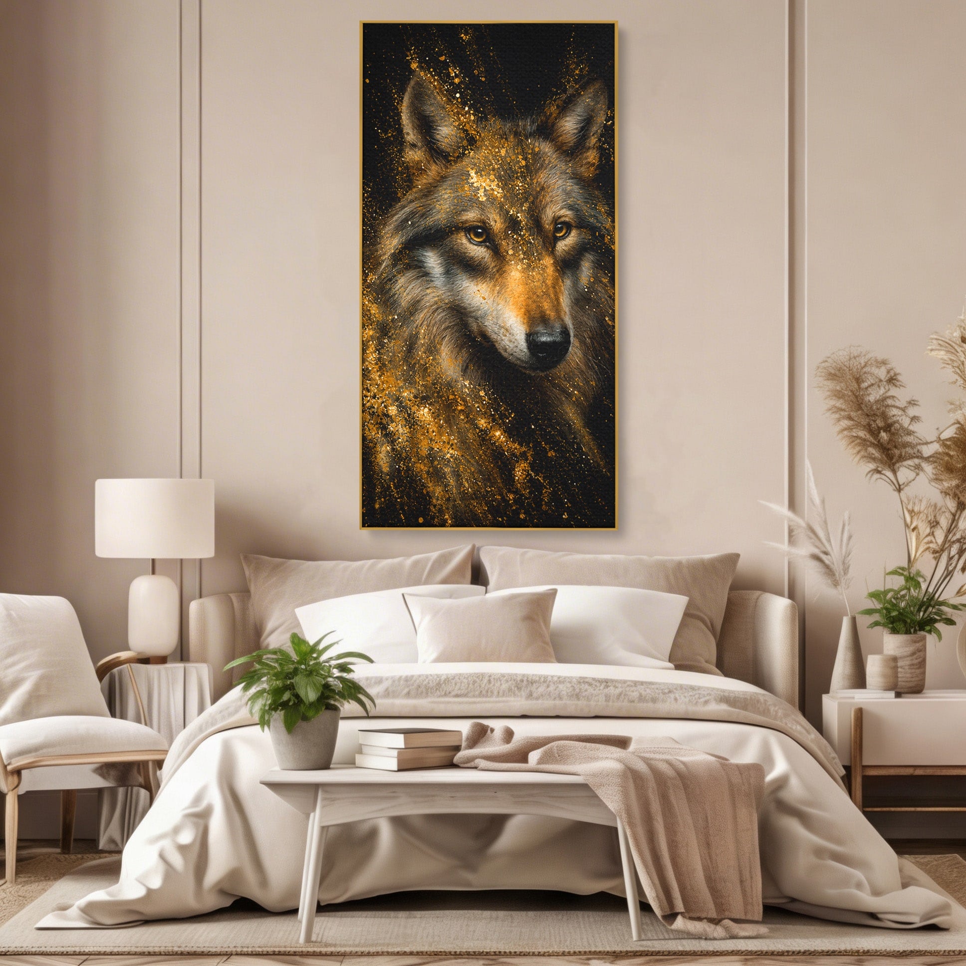 Tablou Canvas Premium LuxCanva® M1656, Lupul Aurit, Lup, Animale, Portret, Arta, Birou, Culori Vibrante