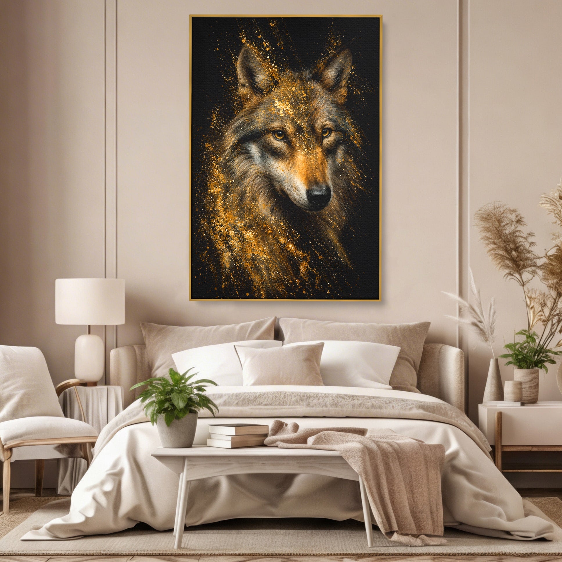Tablou Canvas Premium LuxCanva® M1656, Lupul Aurit, Lup, Animale, Portret, Arta, Birou, Culori Vibrante