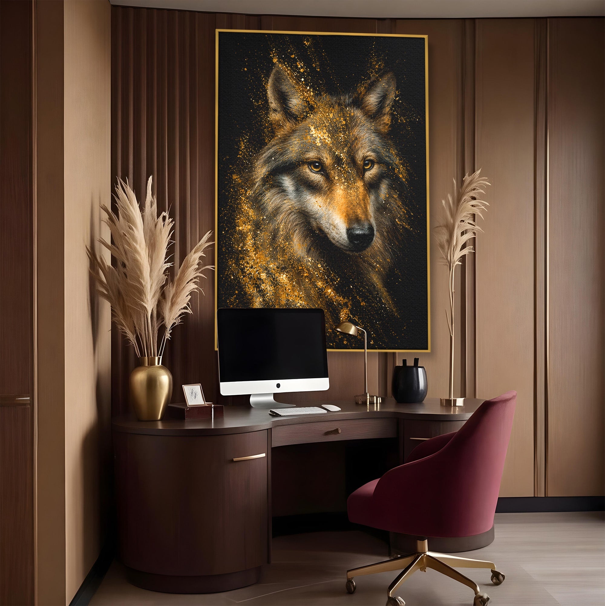 Tablou Canvas Premium LuxCanva® M1656, Lupul Aurit, Lup, Animale, Portret, Arta, Birou, Culori Vibrante
