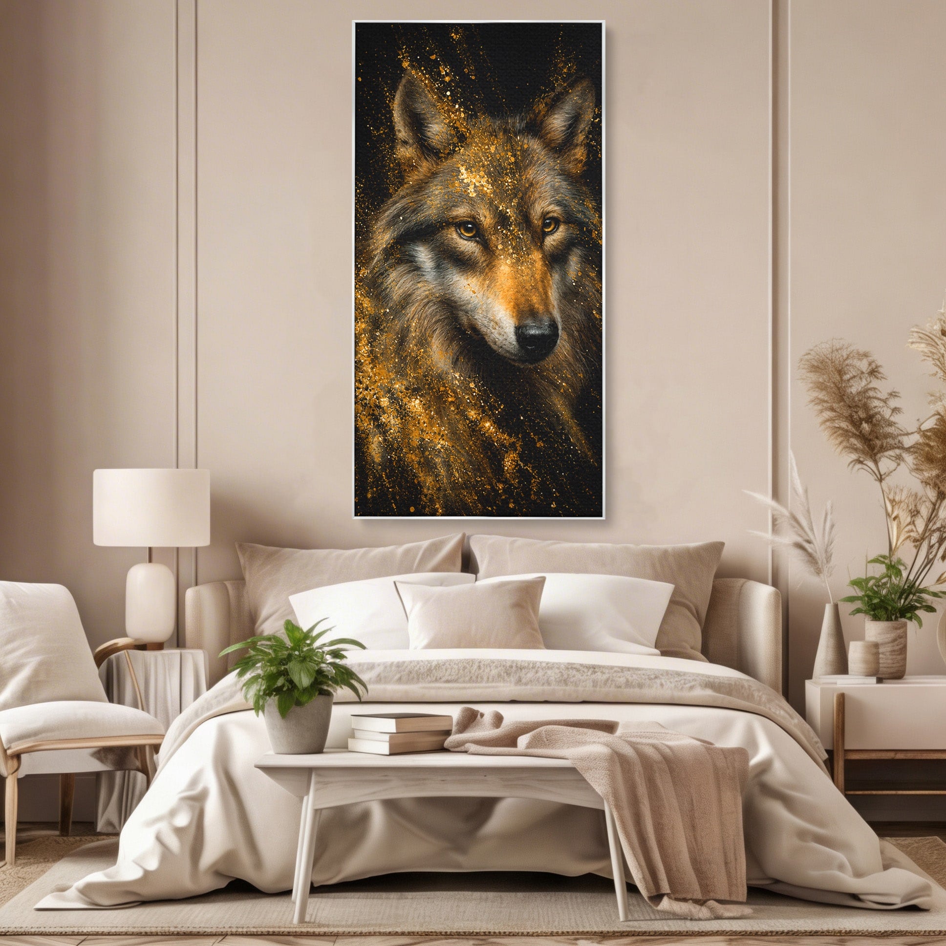 Tablou Canvas Premium LuxCanva® M1656, Lupul Aurit, Lup, Animale, Portret, Arta, Birou, Culori Vibrante