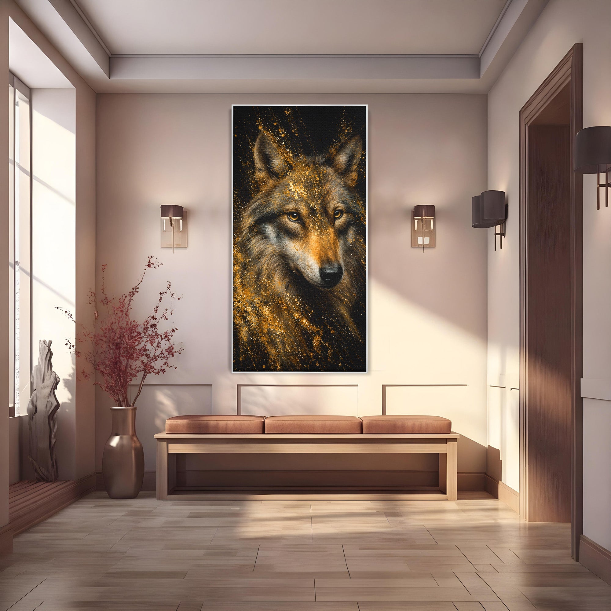 Tablou Canvas Premium LuxCanva® M1656, Lupul Aurit, Lup, Animale, Portret, Arta, Birou, Culori Vibrante