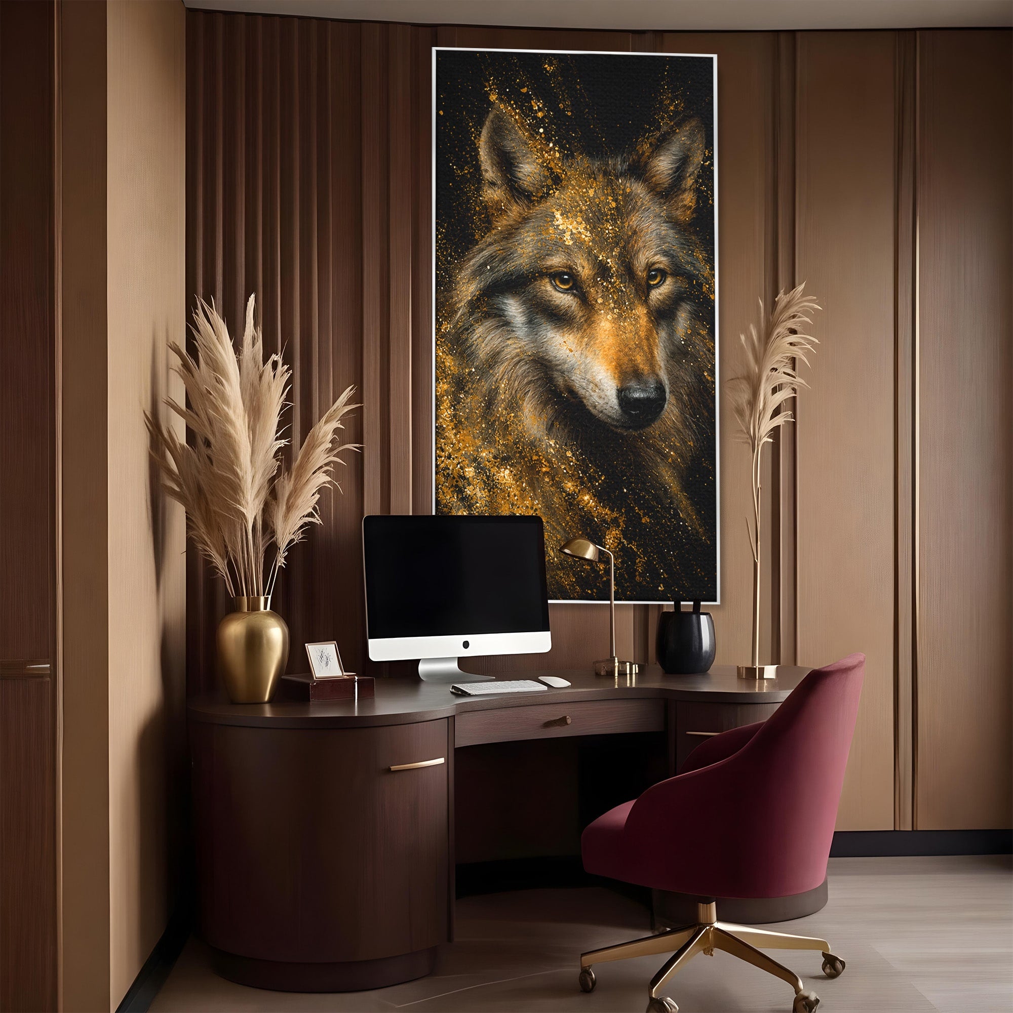 Tablou Canvas Premium LuxCanva® M1656, Lupul Aurit, Lup, Animale, Portret, Arta, Birou, Culori Vibrante