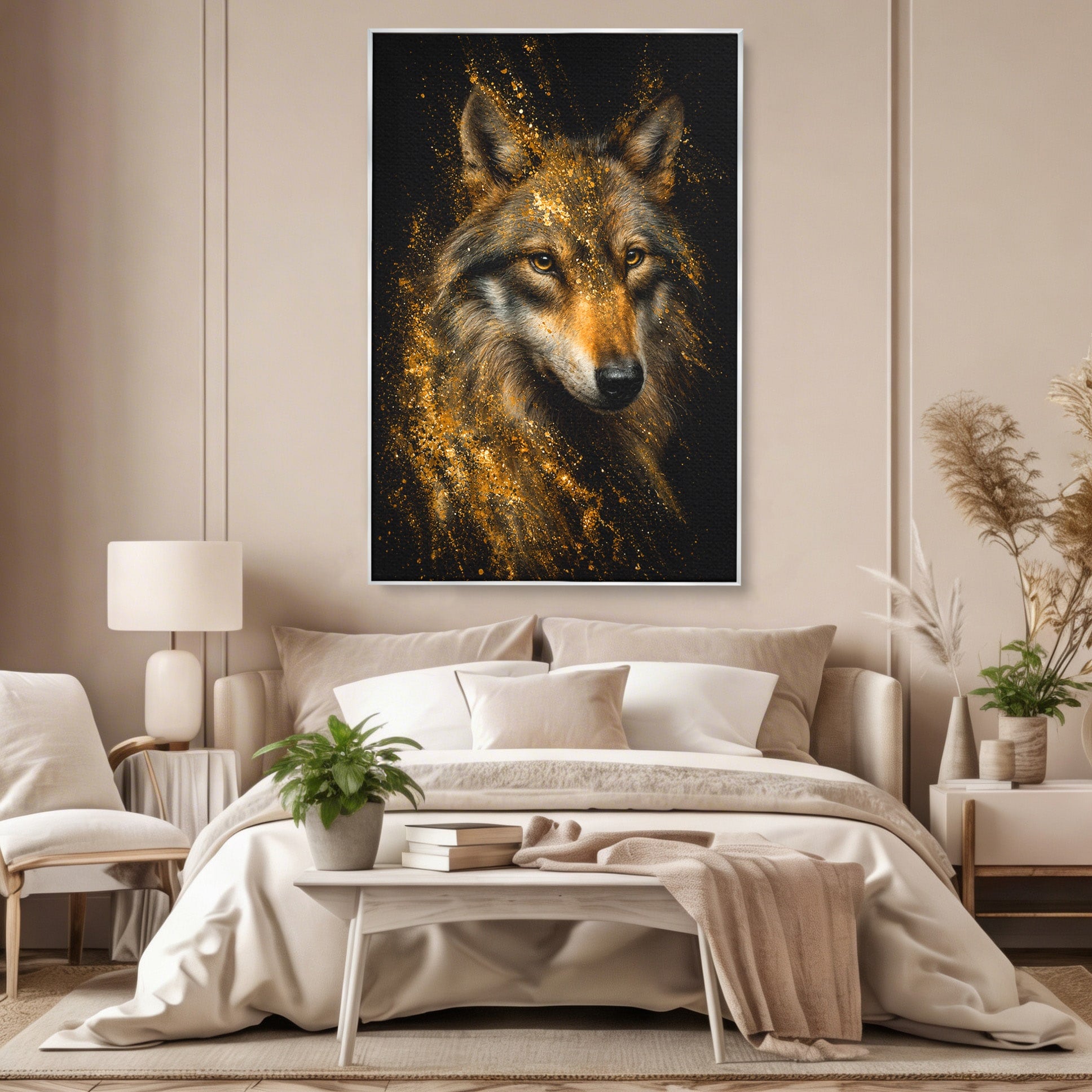Tablou Canvas Premium LuxCanva® M1656, Lupul Aurit, Lup, Animale, Portret, Arta, Birou, Culori Vibrante