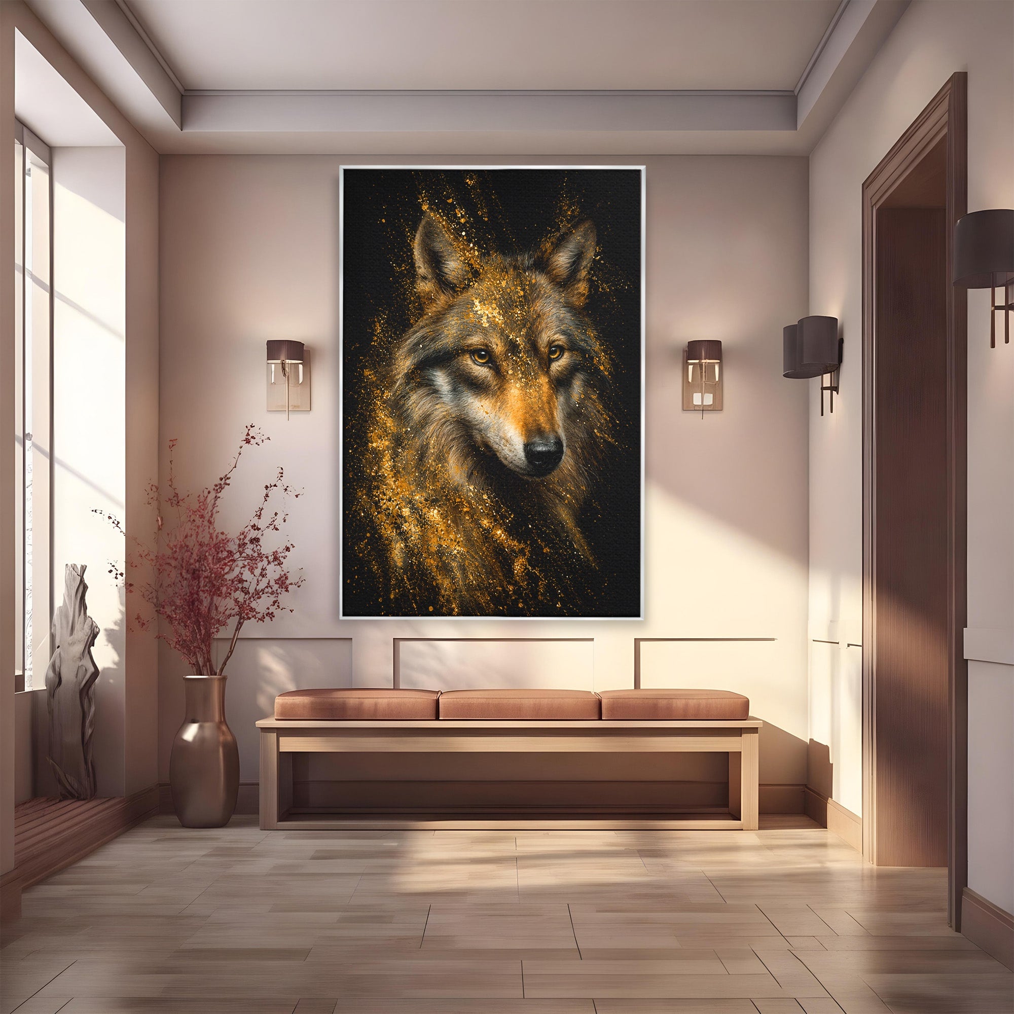 Tablou Canvas Premium LuxCanva® M1656, Lupul Aurit, Lup, Animale, Portret, Arta, Birou, Culori Vibrante