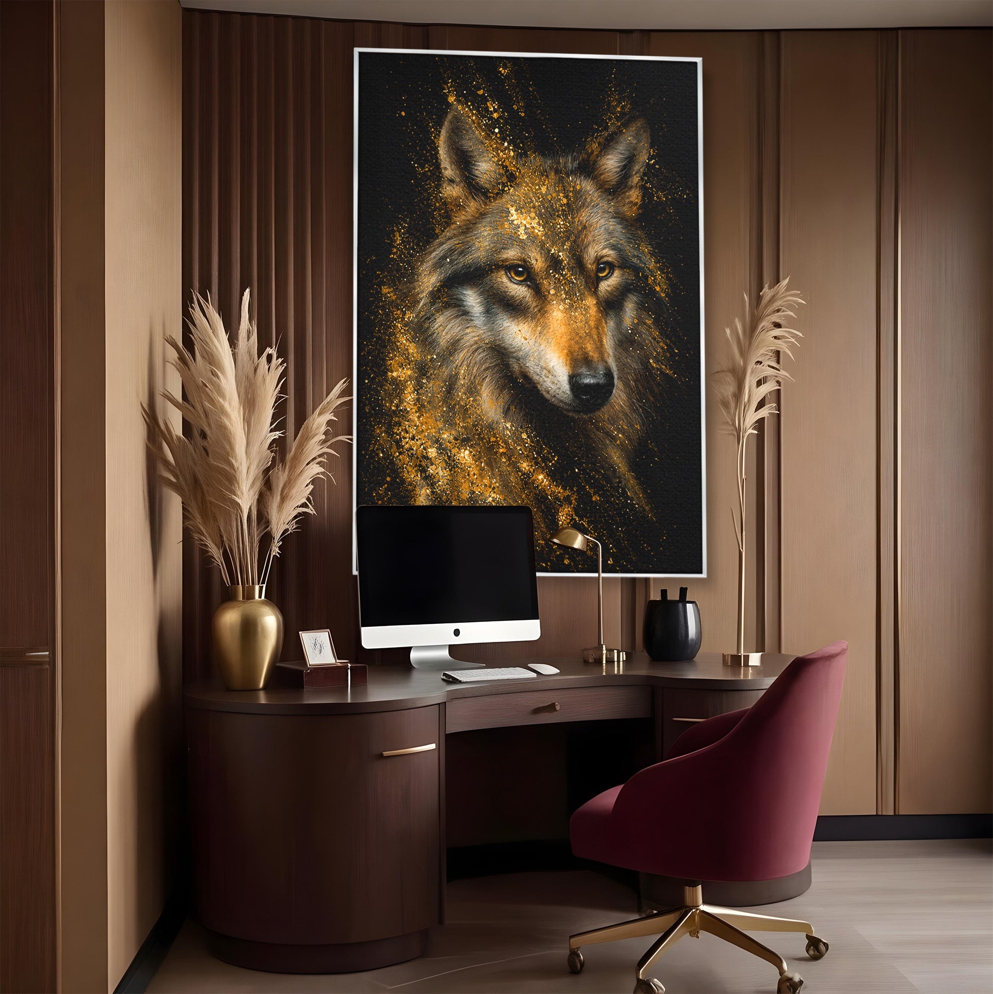 Tablou Canvas Premium LuxCanva® M1656, Lupul Aurit, Lup, Animale, Portret, Arta, Birou, Culori Vibrante