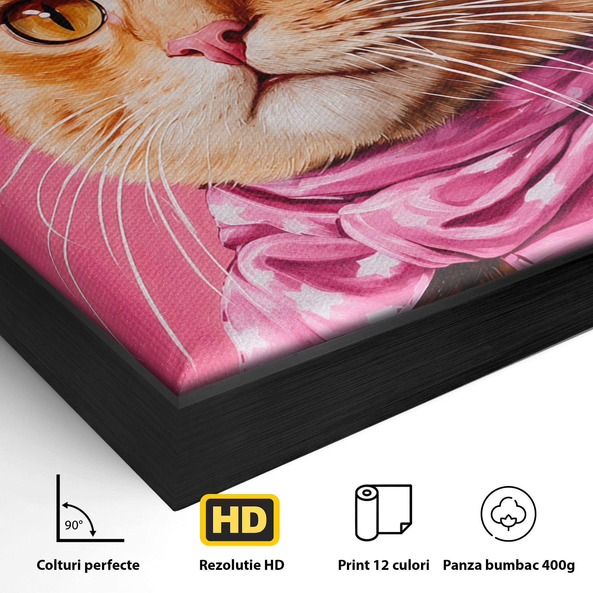 Tablou Canvas Premium LuxCanva® M1657, Pisica Cu Palarie Roz, Pisica, Palarie, Roz, Portret, Living, Culori Vibrante