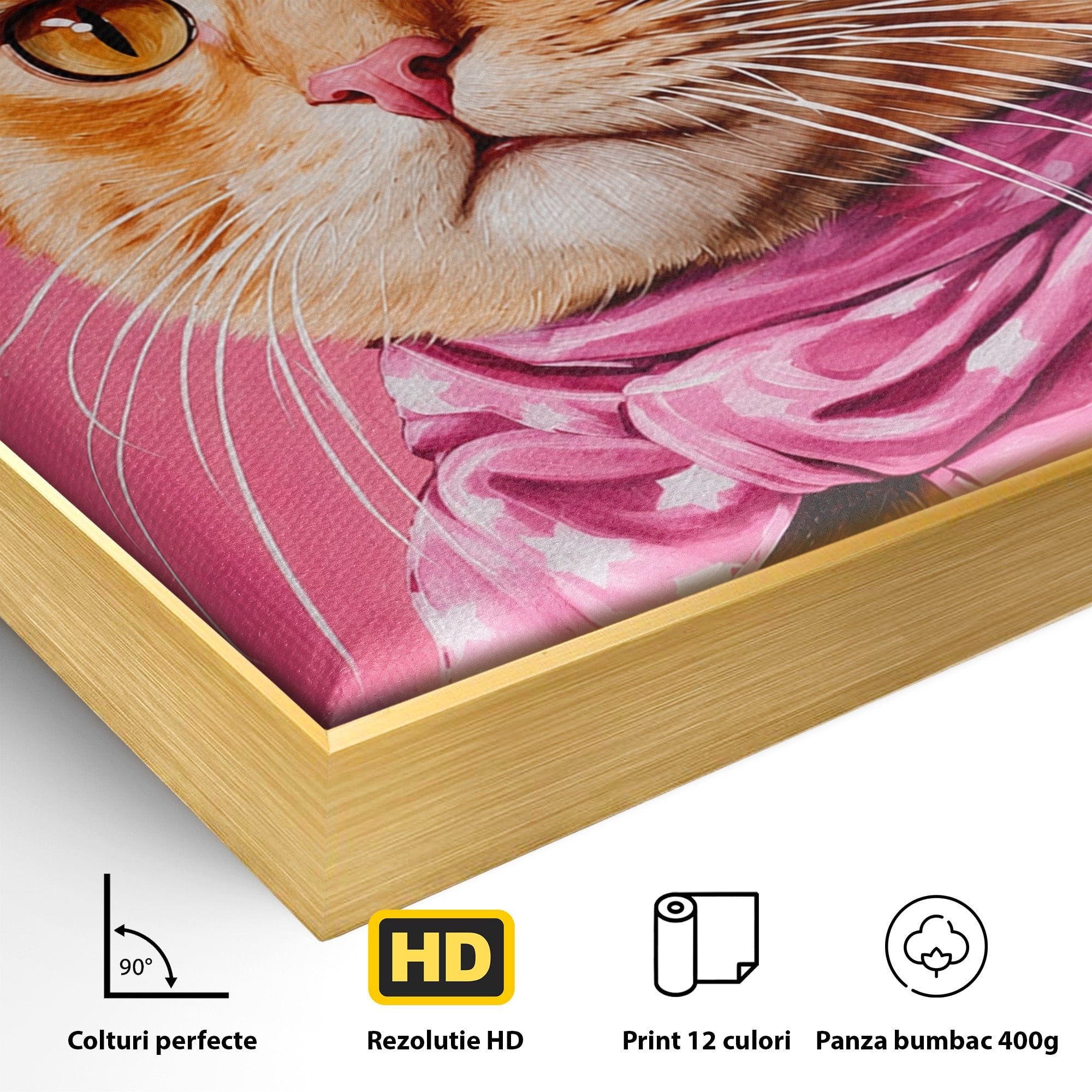 Tablou Canvas Premium LuxCanva® M1657, Pisica Cu Palarie Roz, Pisica, Palarie, Roz, Portret, Living, Culori Vibrante