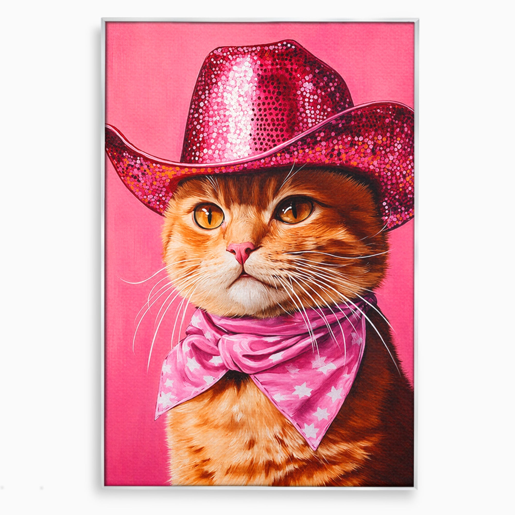 Tablou Canvas Premium LuxCanva® M1657, Pisica Cu Palarie Roz, Pisica, Palarie, Roz, Portret, Living, Culori Vibrante
