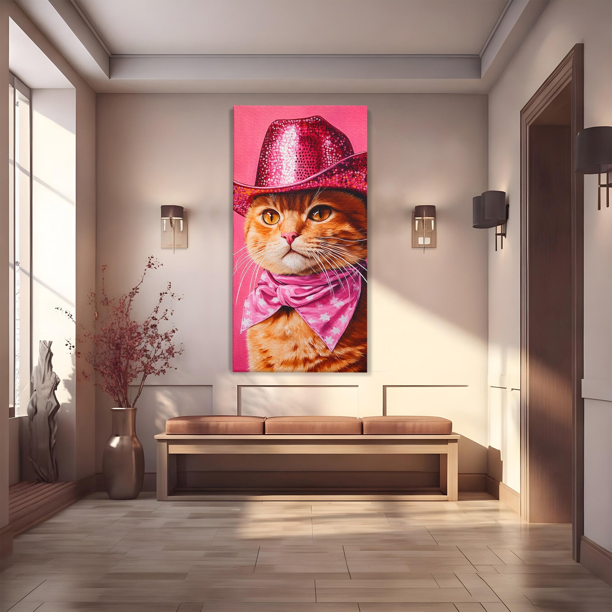 Tablou Canvas Premium LuxCanva® M1657, Pisica Cu Palarie Roz, Pisica, Palarie, Roz, Portret, Living, Culori Vibrante