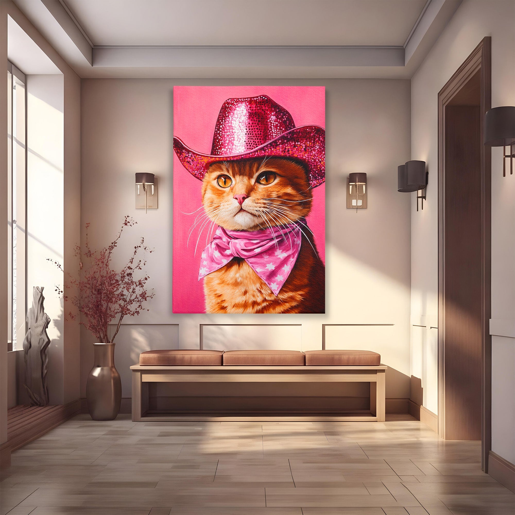 Tablou Canvas Premium LuxCanva® M1657, Pisica Cu Palarie Roz, Pisica, Palarie, Roz, Portret, Living, Culori Vibrante
