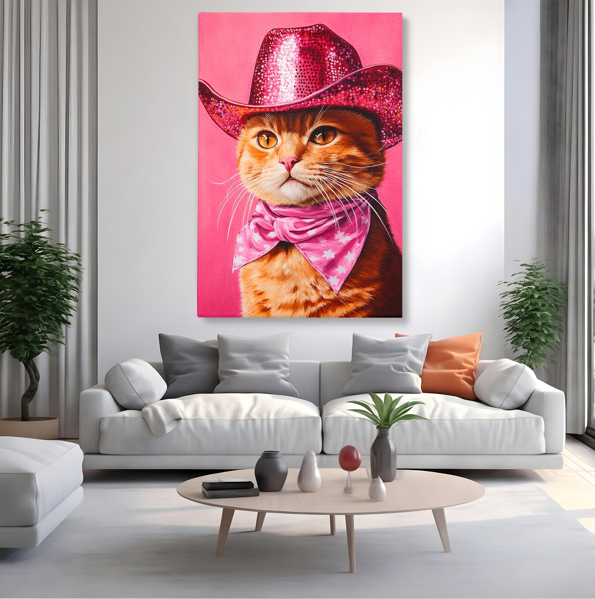 Tablou Canvas Premium LuxCanva® M1657, Pisica Cu Palarie Roz, Pisica, Palarie, Roz, Portret, Living, Culori Vibrante