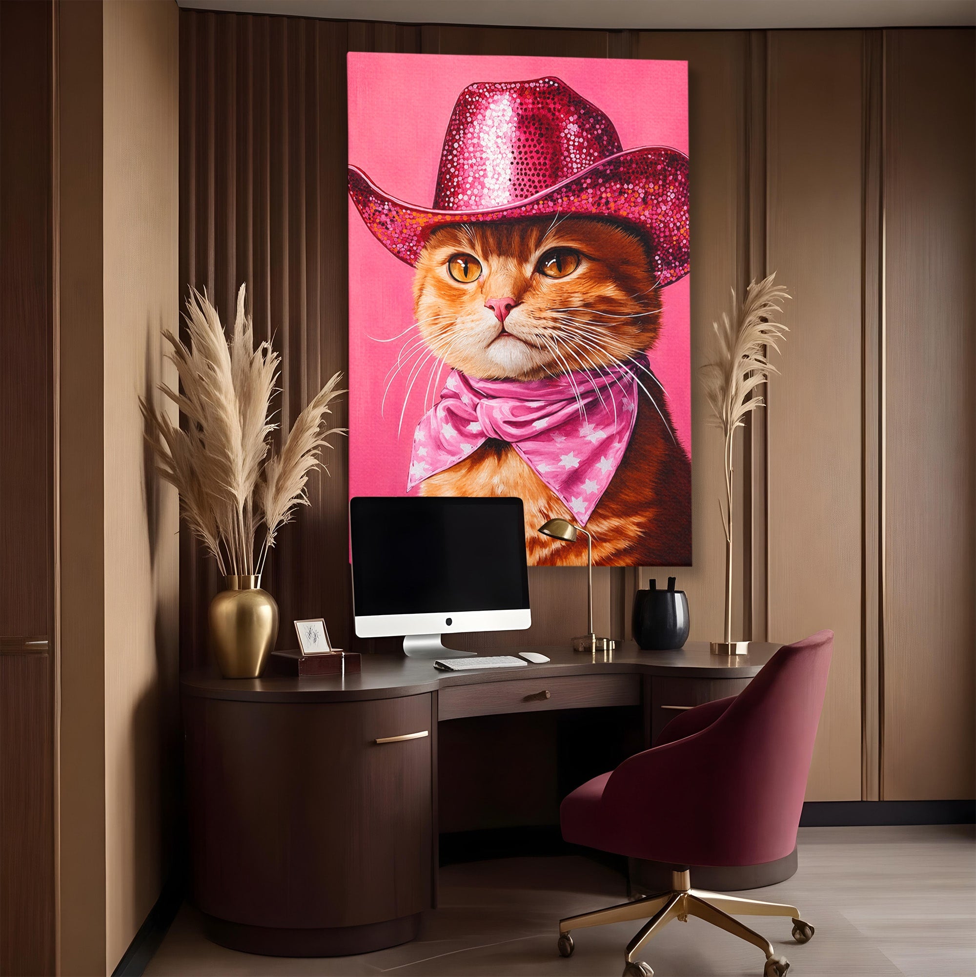 Tablou Canvas Premium LuxCanva® M1657, Pisica Cu Palarie Roz, Pisica, Palarie, Roz, Portret, Living, Culori Vibrante